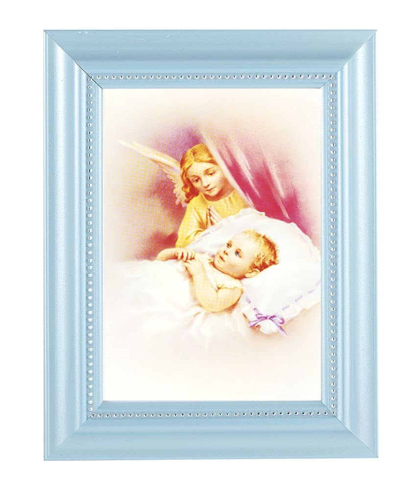 Guardian Angels Framed Wall Art Decor - Small Pearlized Fluted Baby Blue Frame with Beaded Lip - Perfect for Nursery, Bedroom & Gift Giving