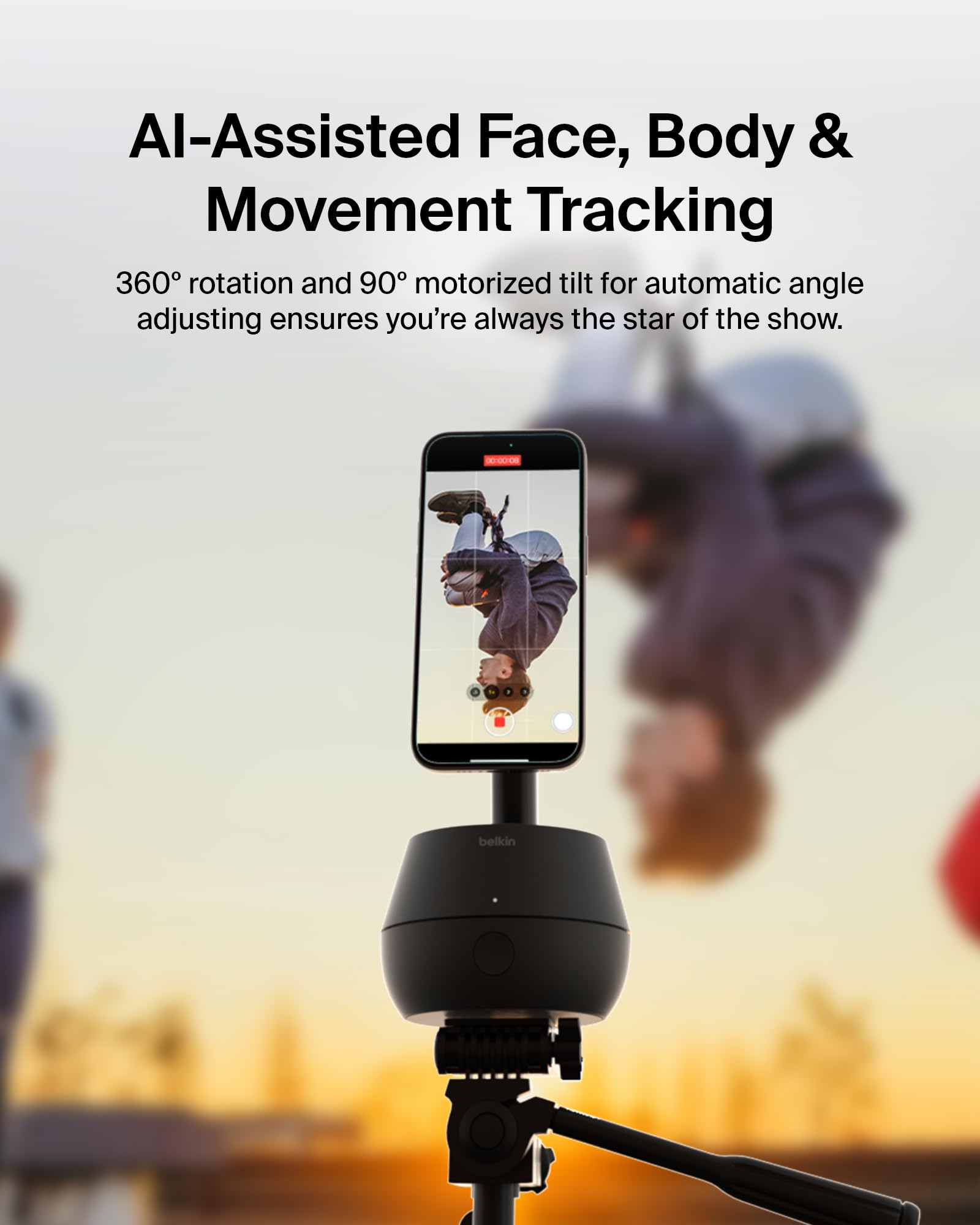 Belkin Wireless Charger Stand with Auto Face Tracking - Apple DockKit Certified, Tripod & MagSafe Compatible, 360° Rotation for iPhone - Perfect for FaceTime, TikTok, YouTube & Social Media Content Creation