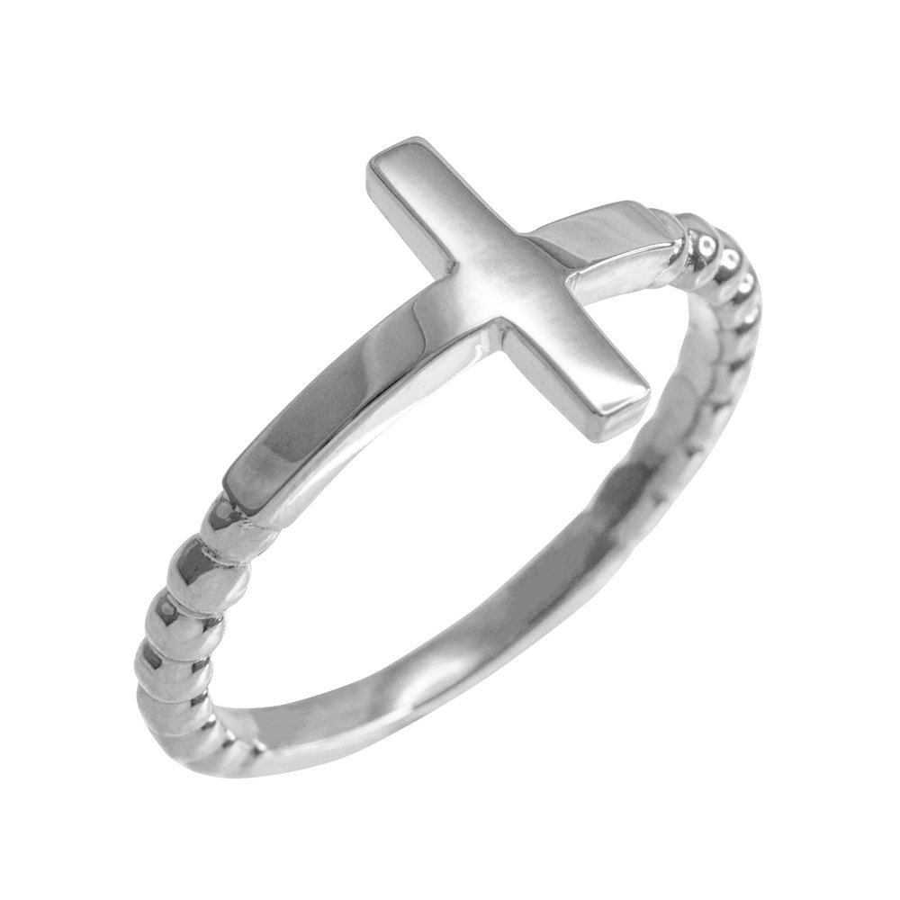 10k White Gold Beaded Band Sideways Cross Ring - Modern Contemporary Jewelry for Women, Perfect for Everyday Wear, Gift Giving & Special Occasions