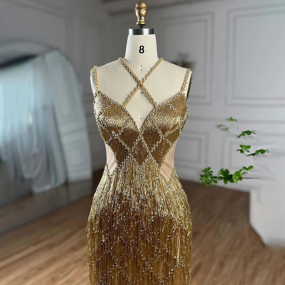 Luxury Beaded Mermaid Evening Gowns for Women - Dubai Silver & Gold Tassel Spaghetti Strap Party Dresses | Elegant Formal Wear for Weddings, Galas & Special Occasions 2025 LA72280