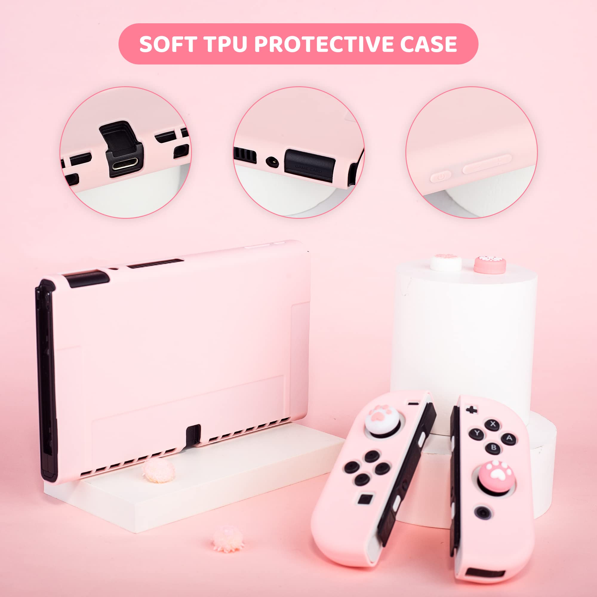 Premium Pink Nintendo Switch OLED Carrying Case with Sakura Embroidery - Portable Hard Shell Protection Includes Soft Case, Screen Protector, 4 Thumb Grips, Wrist Strap & Shoulder Strap - Perfect for Travel, Commuting & Gaming On-The-Go