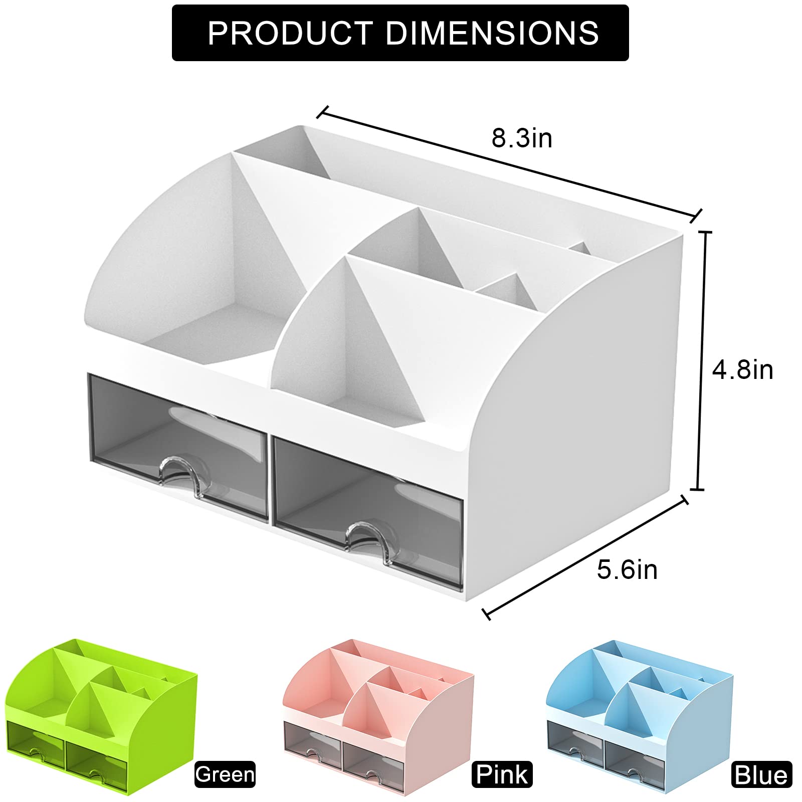 6 Compartment Plastic Desk Organizer with 2 Drawers - Makeup & Stationery Storage for Home, Office & School - White Desktop Organizer for Pens, Pencils, Office Supplies & Beauty Products
