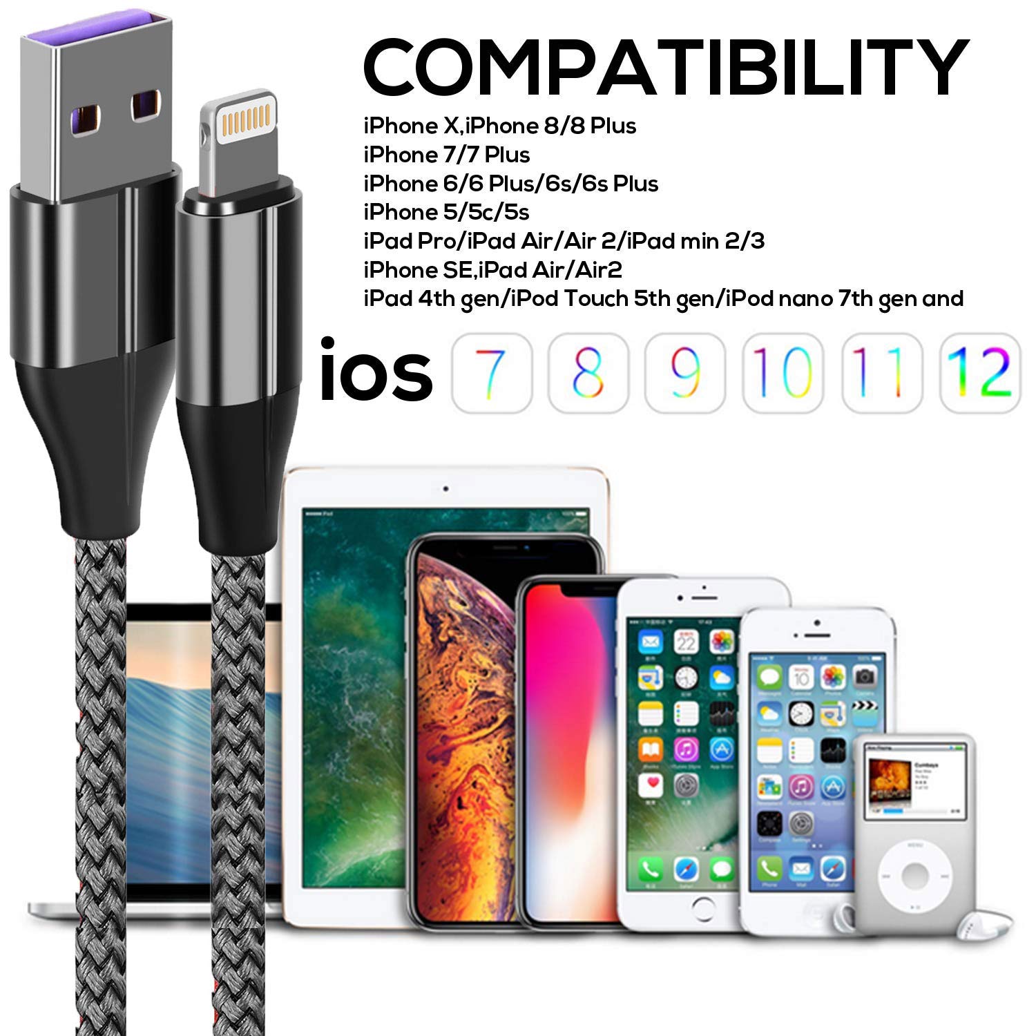FEEL2NICE MFi Certified iPhone Charger Cable (3 Pack 6FT) - Durable Nylon Braided Lightning Cable for iPhone 14/13/12/11/X/8/7, Fast Charging USB Cable - Perfect for Home, Office, Car & Travel Use