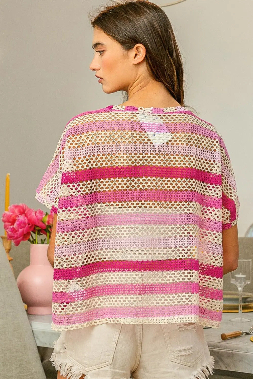 BiBi Striped Openwork Short Sleeve Knit Cover Up - Lightweight Beachwear for Women, Perfect for Poolside, Vacation and Summer Outfits