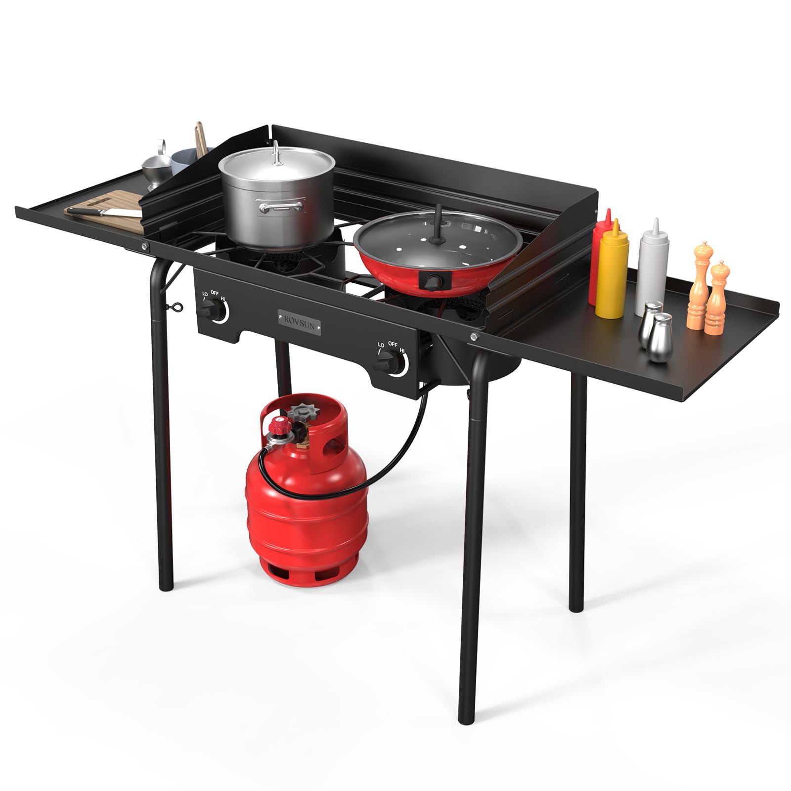 ROVSUN 2 Burner Outdoor Camping Stove with Windshield & Shelves - Heavy Duty Propane Gas Cooker with Detachable Legs & CSA Regulator - Perfect for Backpacking, RV Trips, Tailgating, Picnics, and Emergency Cooking