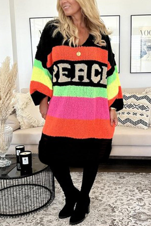 True Faith Knit Peace Pattern Color Blocks Loose Midi Sweater Dress - Cozy Casual Wear for Fall & Winter, Perfect for Office, Date Night and Weekend Outings