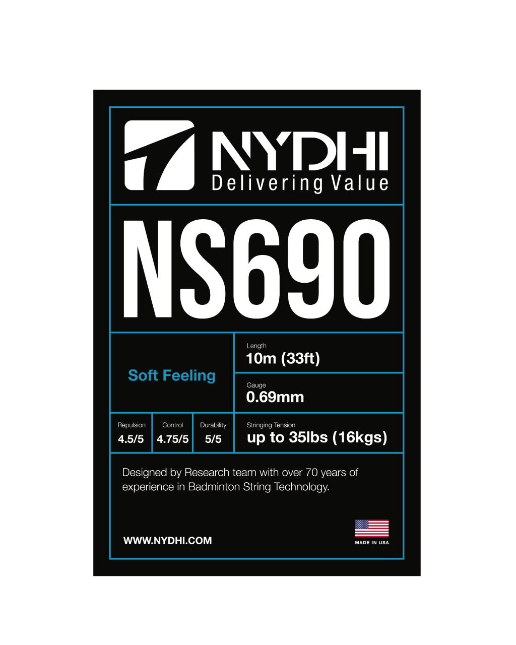 Premium Nydhi NS690 Badminton String Set - 10m High Durability Racket String for Enhanced Performance - Perfect for Competitive Play & Training Sessions