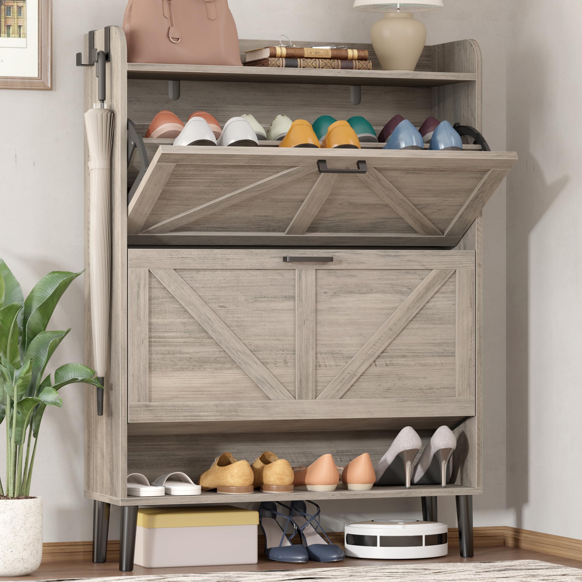 HOMEFORT Slim Shoe Storage Cabinet with 2 Flip Drawers - Narrow Wooden Entryway Shoe Organizer with Farmhouse Style Legs - Washed Gray Hidden Shoe Cabinet for Front Door Entrance - Perfect for Small Spaces & Apartment Living