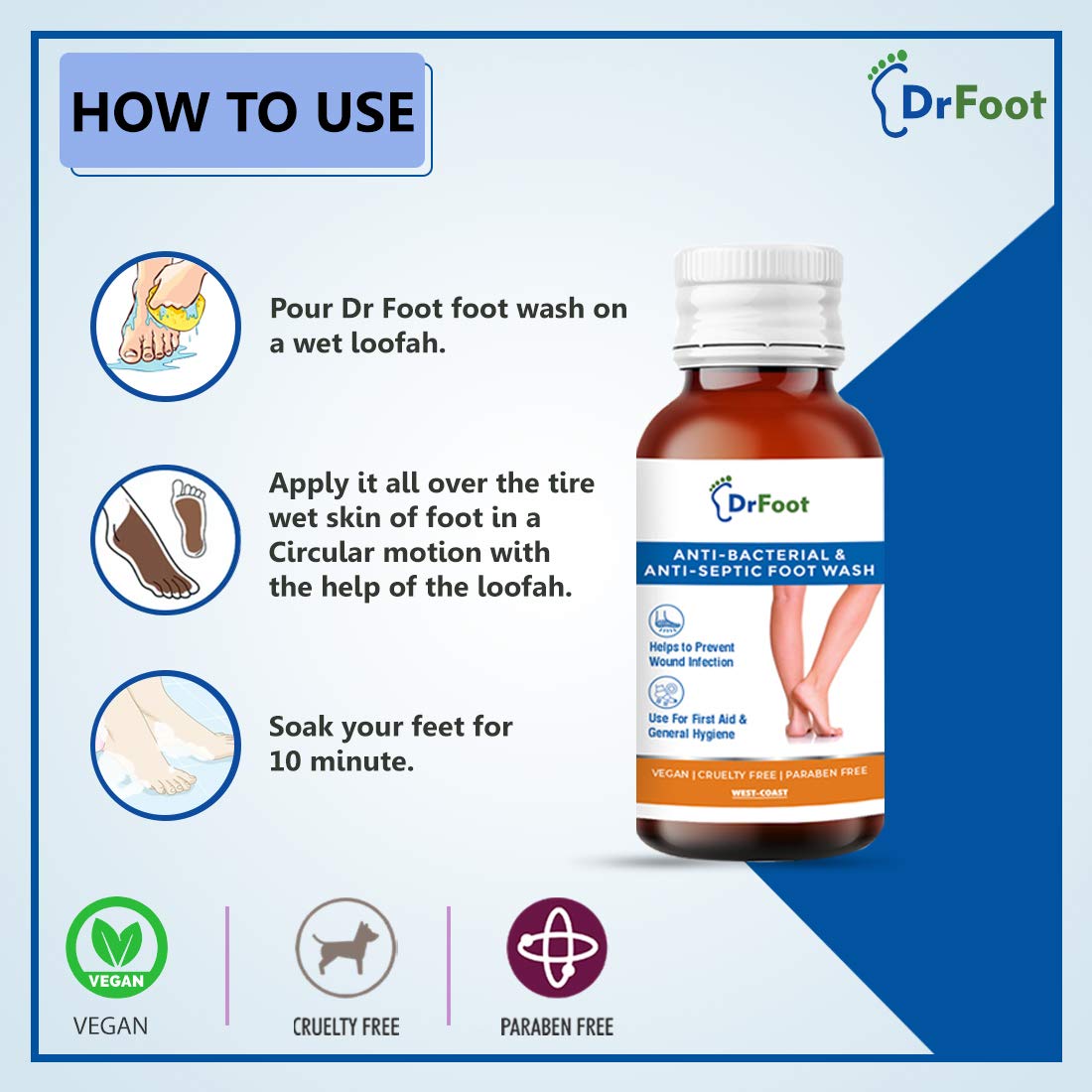 Dr. Foot Antiseptic Antibacterial Foot Wash for Athlete's Foot & Odor - 100ml Medicated Foot Care Solution for Gym, Sports & Daily Use