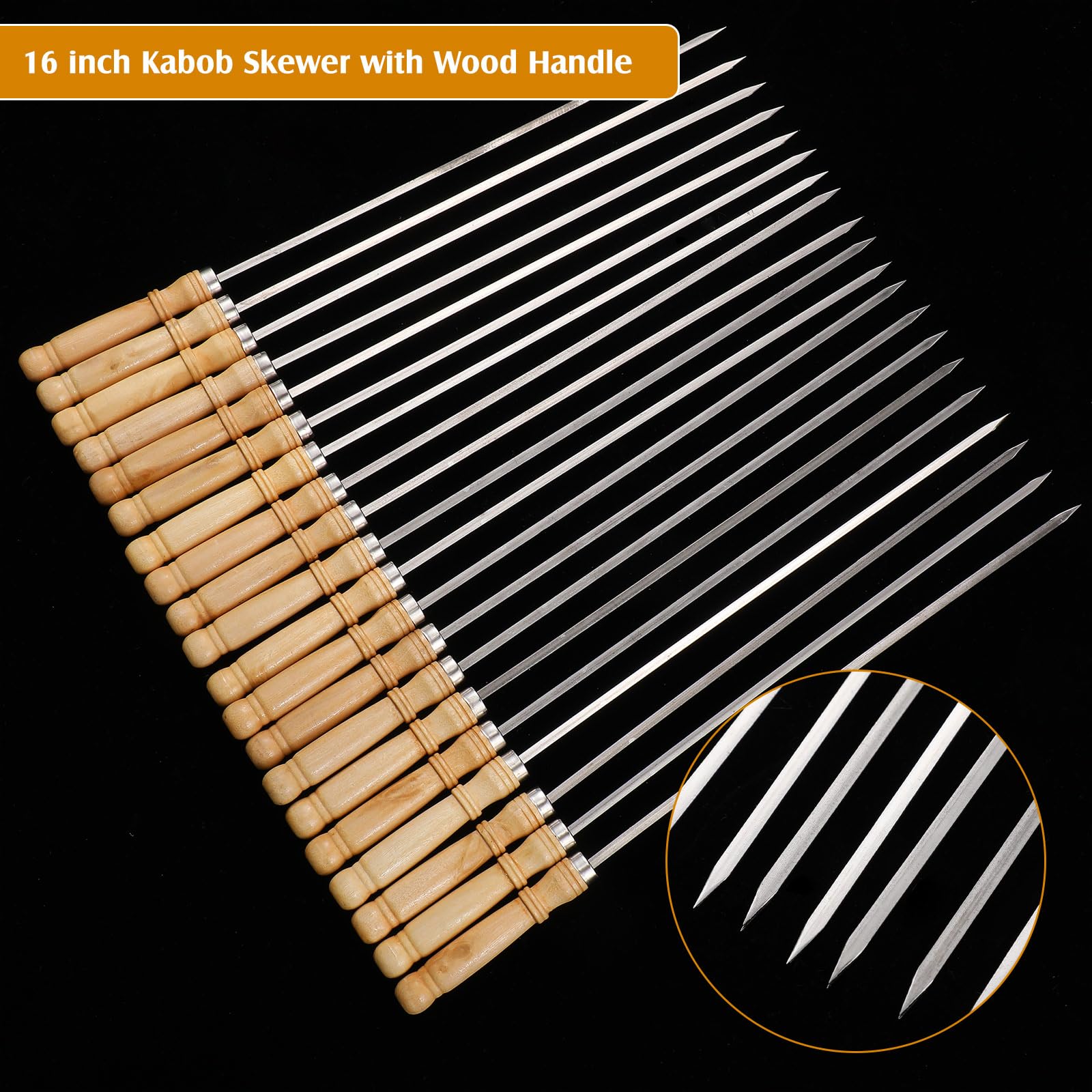 16 Inch Stainless Steel Kabob Skewers with Wood Handle - 50 Pcs BBQ Skewers for Grilling, Camping & Outdoor Cooking - Perfect for Shish Kabobs, Meat, Vegetables & Seafood on Grill or Campfire