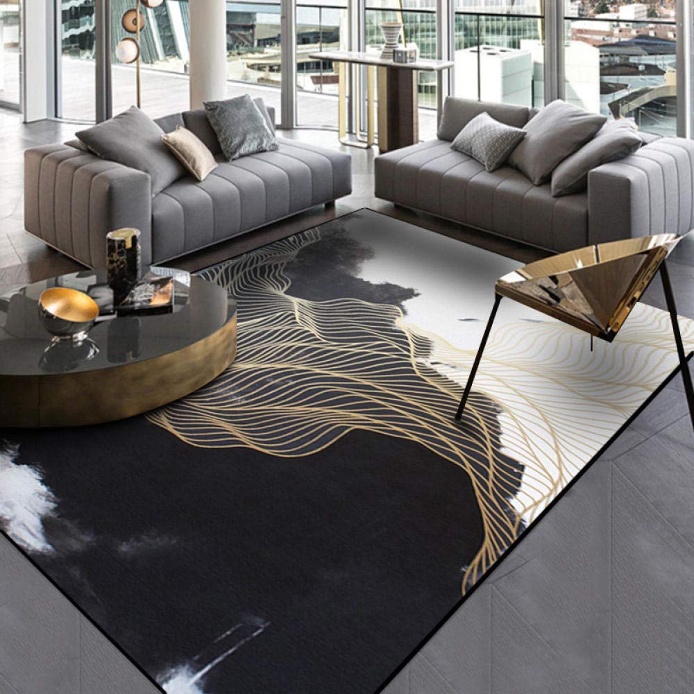 WLICWEI Large Area Floor Rug - Black & White Ink Landscape Painting with Golden Lines - Durable Indoor/Outdoor Carpet for Patio, Living Room & Dining Room - 160x280cm - Perfect for Home Decor, Office Spaces & Commercial Areas