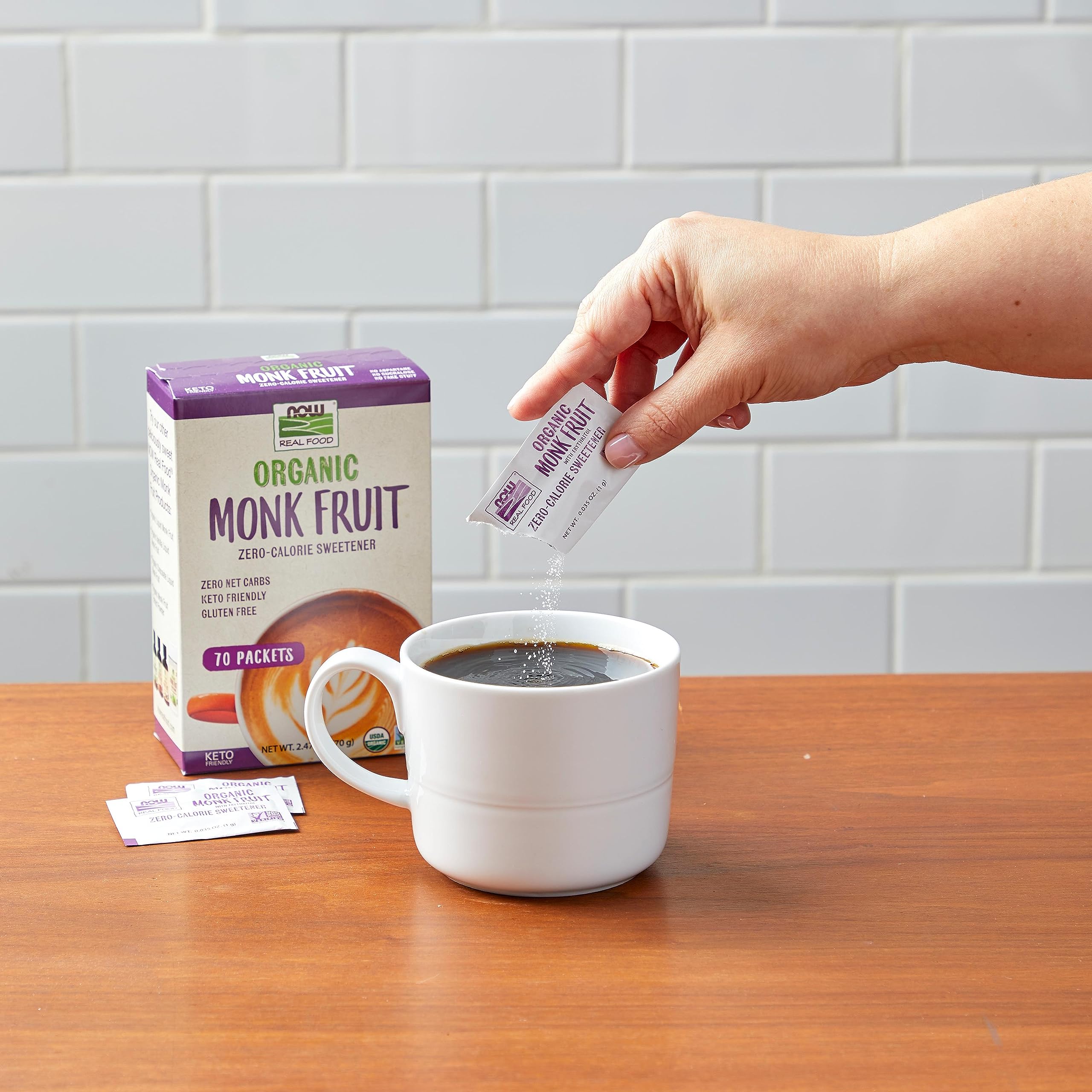 NOW Foods Organic Monk Fruit Sweetener - Zero Calorie, Gluten-Free, Non-GMO, 70 Packets | Perfect for Keto, Diabetic & Low-Carb Diets, Coffee & Baking