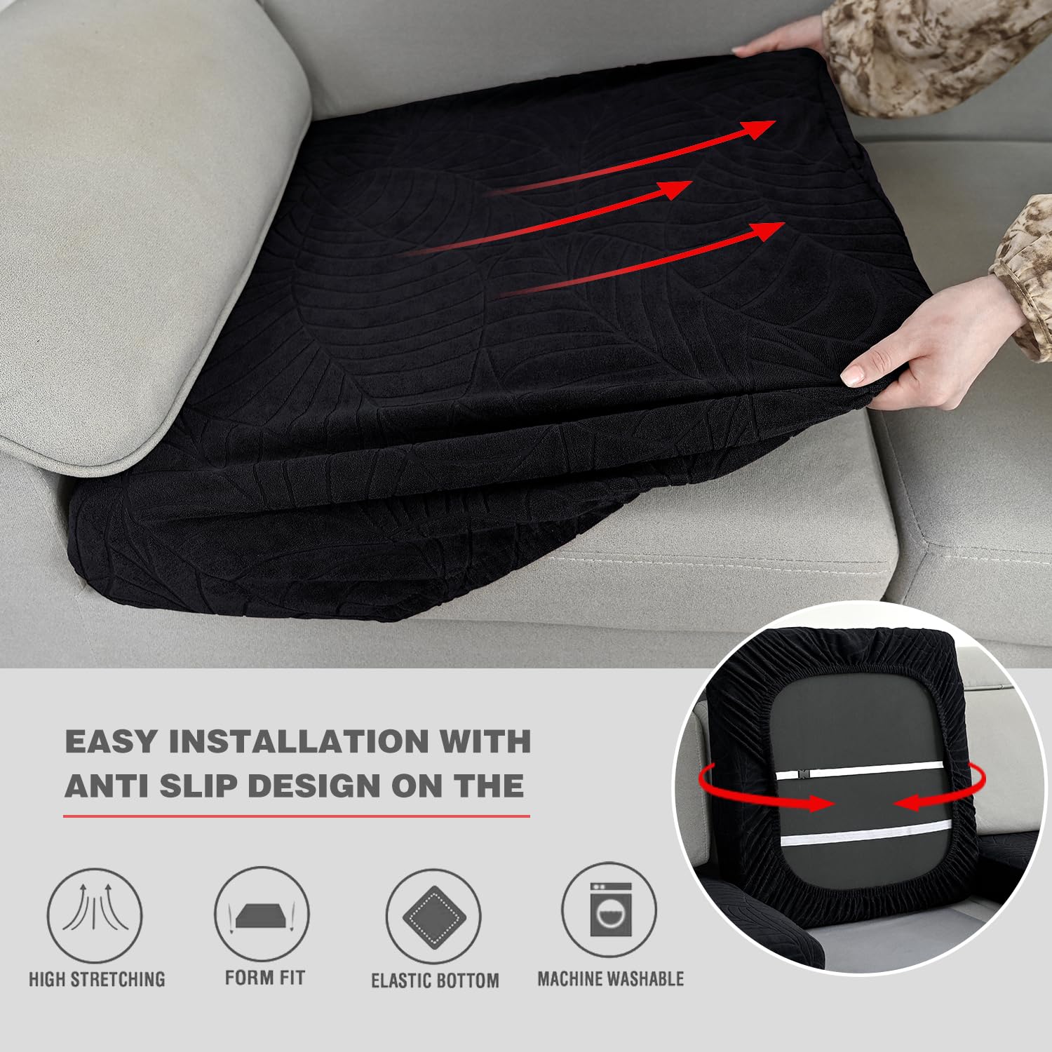 100% Waterproof Stretch Jacquard Sofa Cushion Covers - Washable Furniture Protector for Couch, Armchair, Loveseat & Chaise (Black, 3-Pack) | Spill-Proof & Pet-Friendly Home Decor for Living Room, Family Room & Dorm