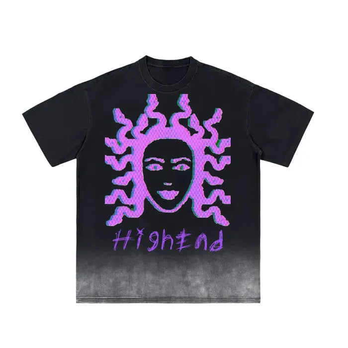 Premium Vintage Washed Medusa Print T-Shirt - Black Gradient Design, 250 GSM Soft Cotton Tee for Men & Women | Casual Wear, Street Fashion, Gothic Style Outfits