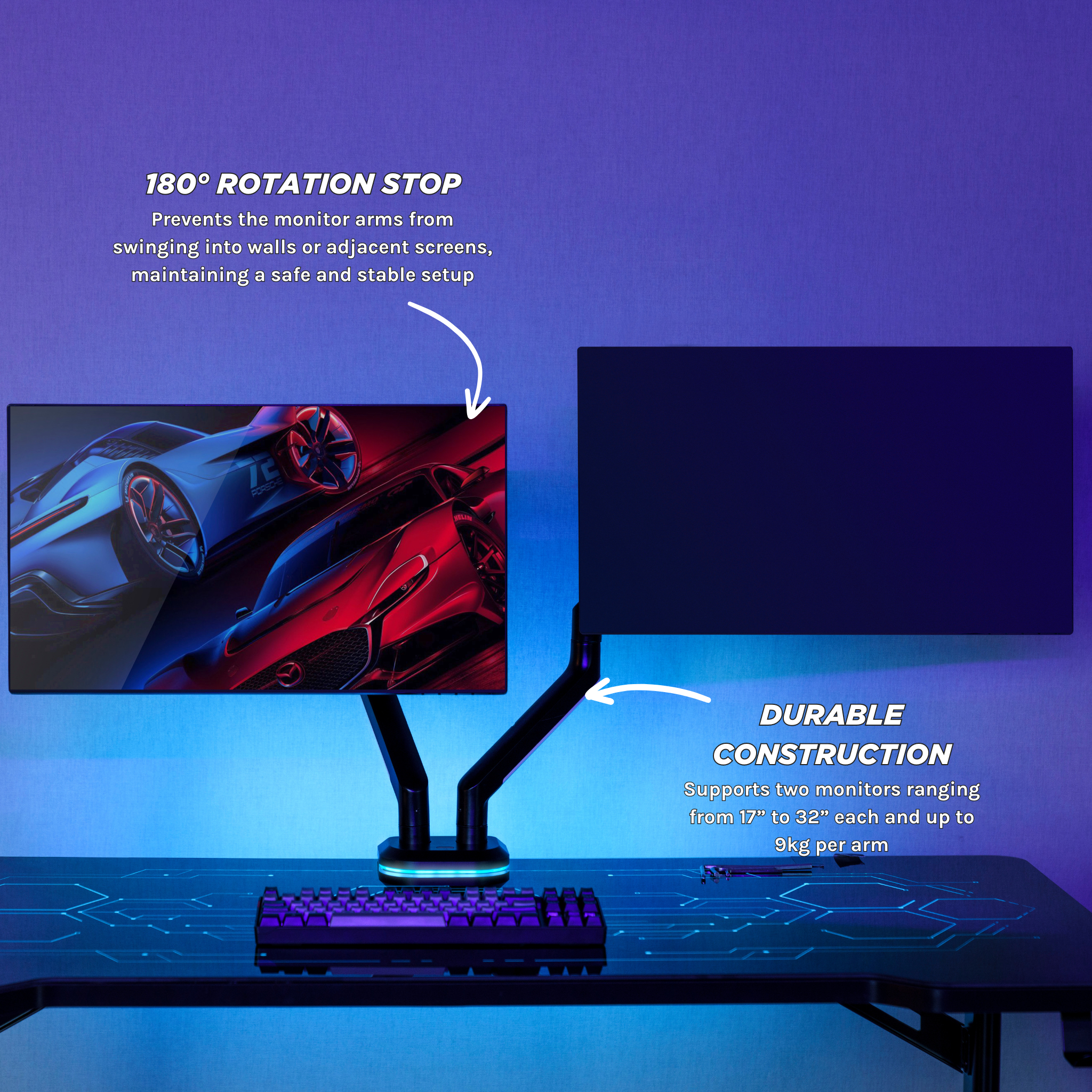 RGB Dual Monitor Mount Stand - Spring Assisted Adjustable Ergonomic Desk Clamp for Gaming & Office Setup | Perfect for Multi-Screen Workstations & PC Battlestations