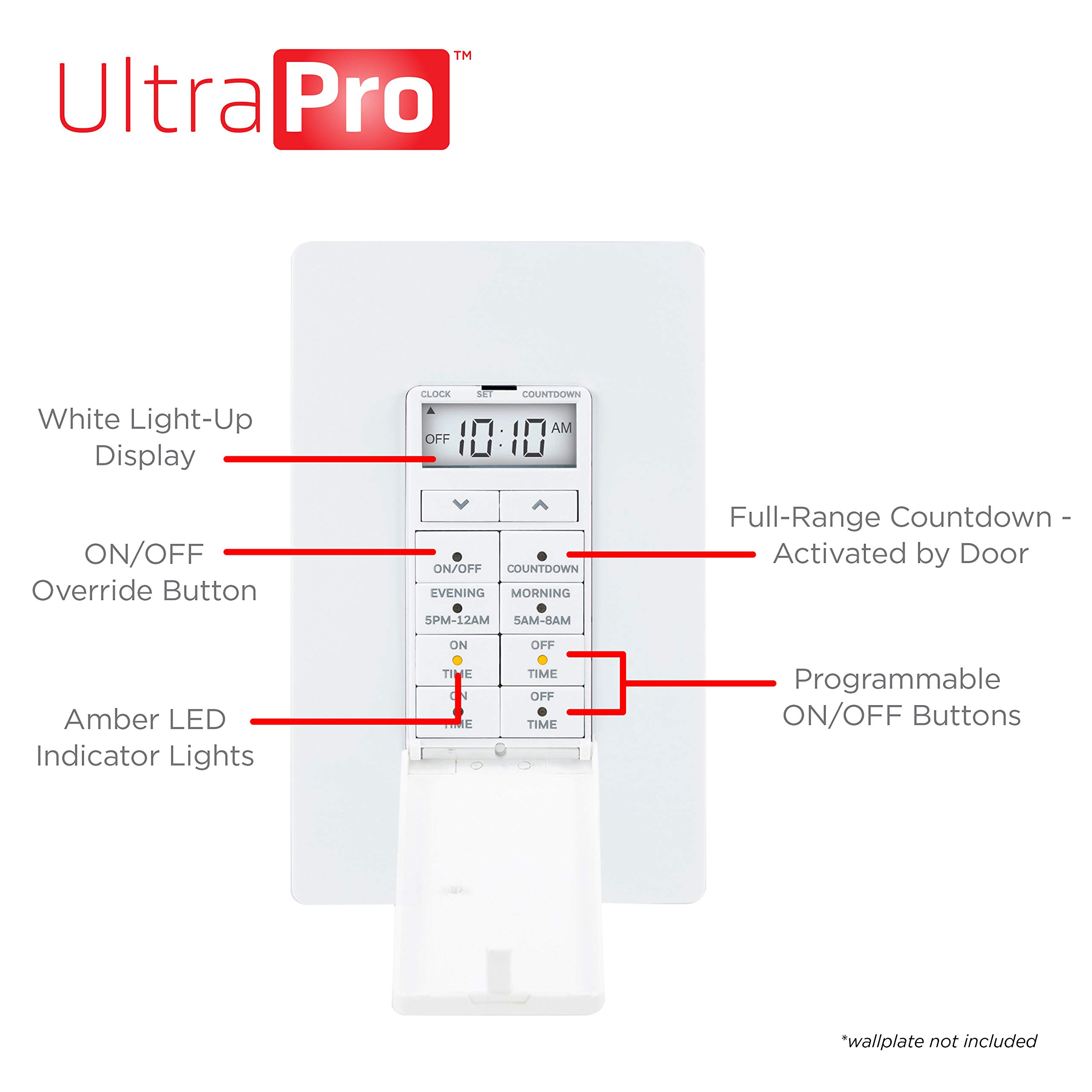 UltraPro 24-Hour Programmable In-Wall Digital Countdown Timer Switch for Lights & Exhaust Fans - Neutral Wire Required - 8 Presets - Perfect for Christmas Trees, Indoor Lamps & Home Automation