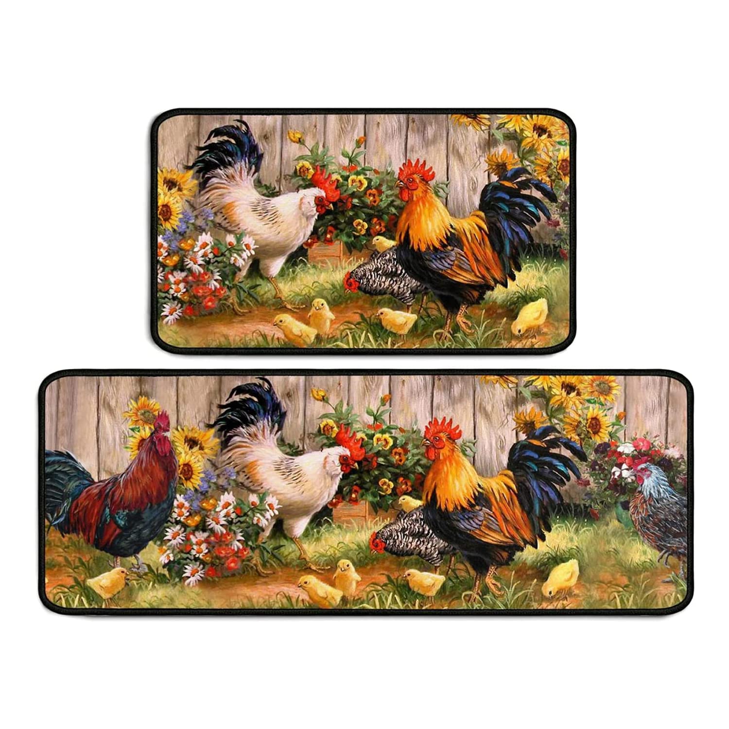Rooster Theme Kitchen Rug 2-Piece Set - Farmhouse Decor Non-Slip Washable Floor Mats with Chicken & Sunflower Design (17