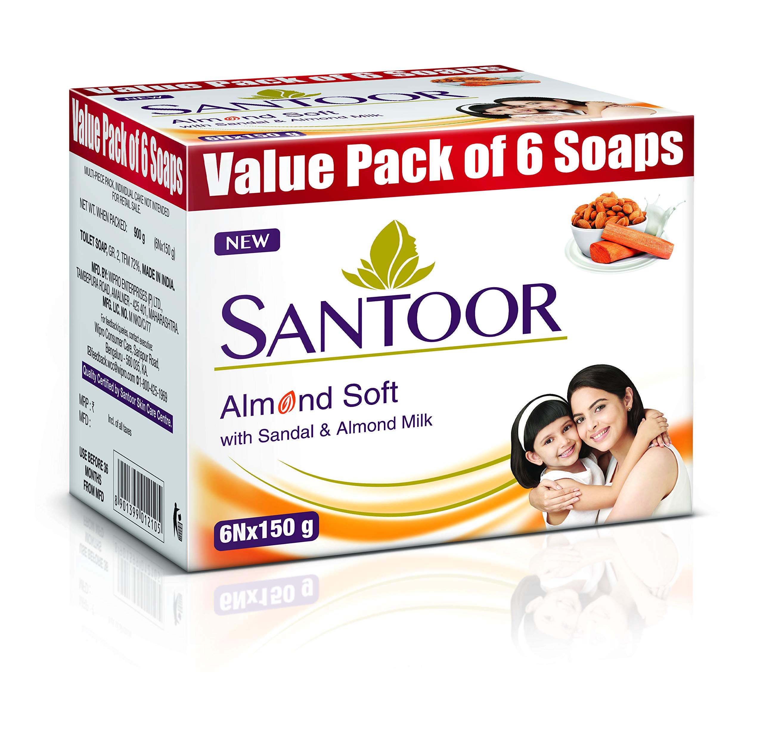 Santoor Sandal & Almond Milk Soap 150g (Pack of 6) and Pureglo Glycerine Soap with Almond Oil 125g (Pack of 6) - Natural Skincare for Nourished, Glowing Skin - Perfect for Daily Cleansing & Moisturizing