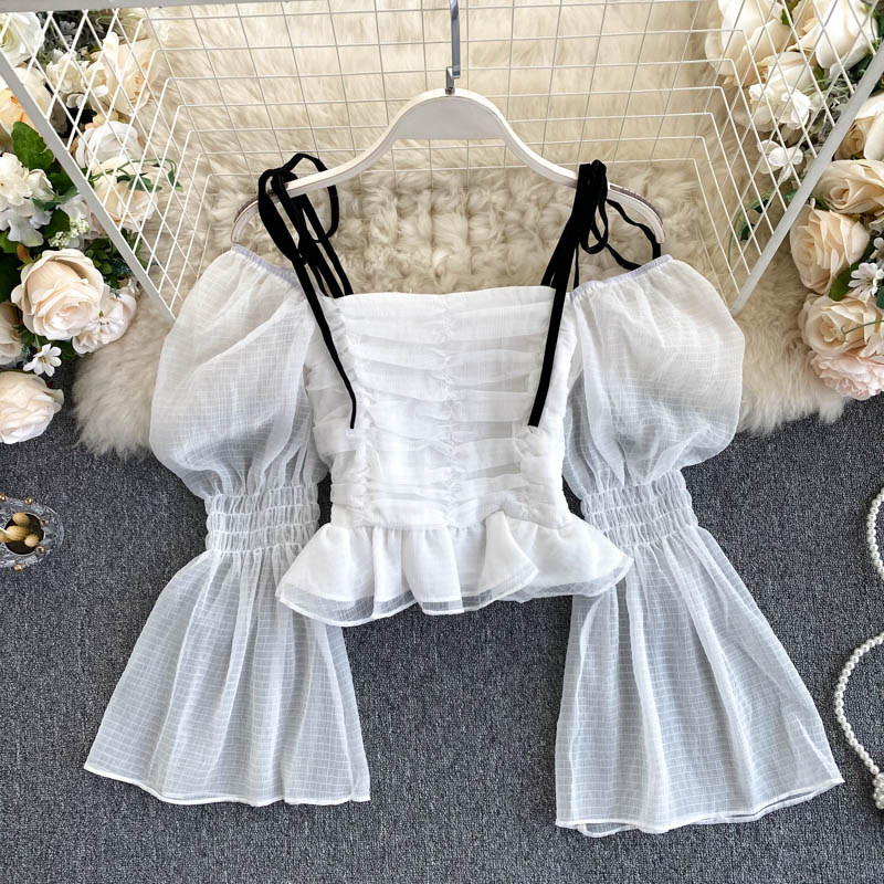 Fairy Puff Sleeve Pleated Cropped Chiffon Blouse for Women - Elegant Flowy Summer Tops for Casual Wear, Date Night & Office Outfits