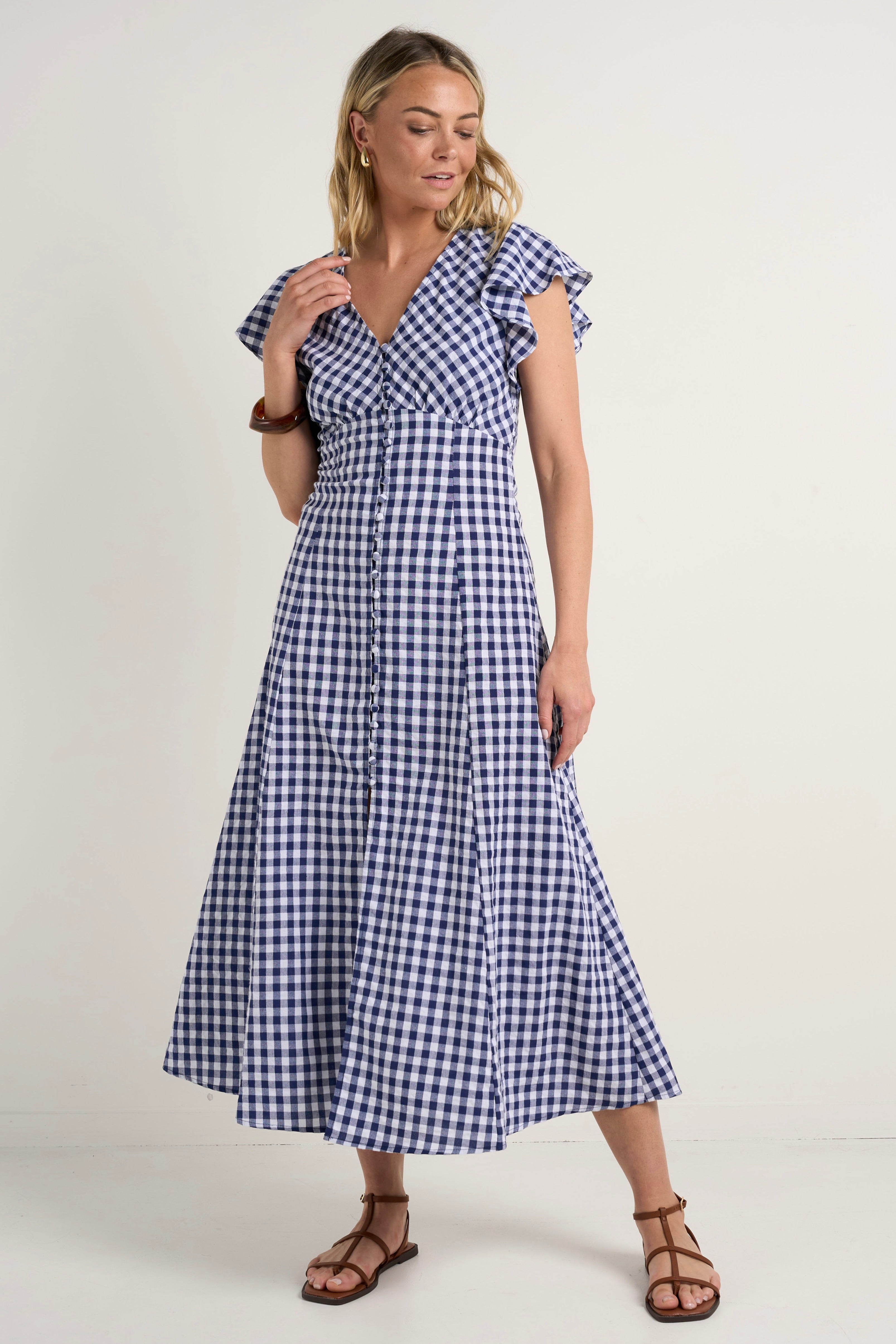 Flawless Navy Gingham Cotton Fluted Sleeve Button Front Midi Dress for Women | Summer Casual & Office Wear | Perfect for Brunch, Work, and Special Occasions