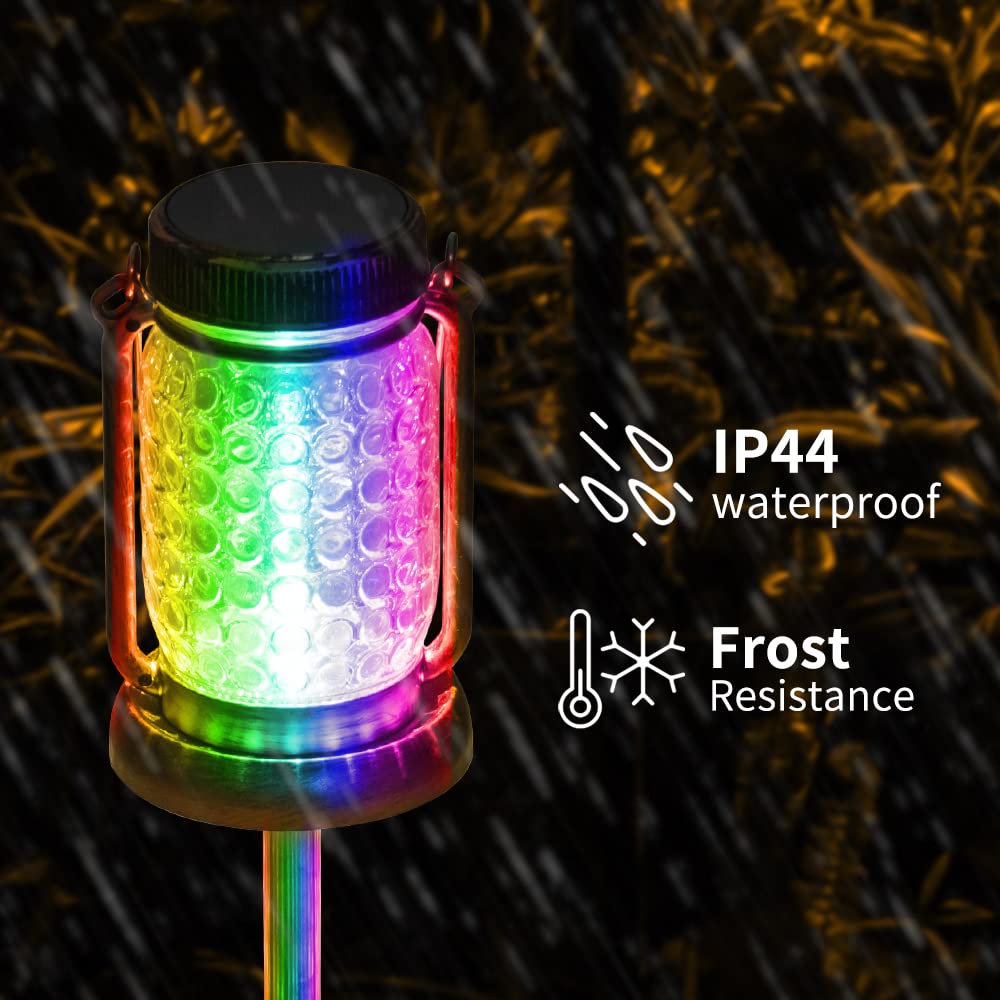 2 Pack Solar Mason Jar Lights - Waterproof RGB Color Changing Outdoor Hanging Lanterns for Garden, Yard, Patio, Deck, Courtyard | Perfect for Evening Gatherings, Romantic Ambiance & Pathway Lighting