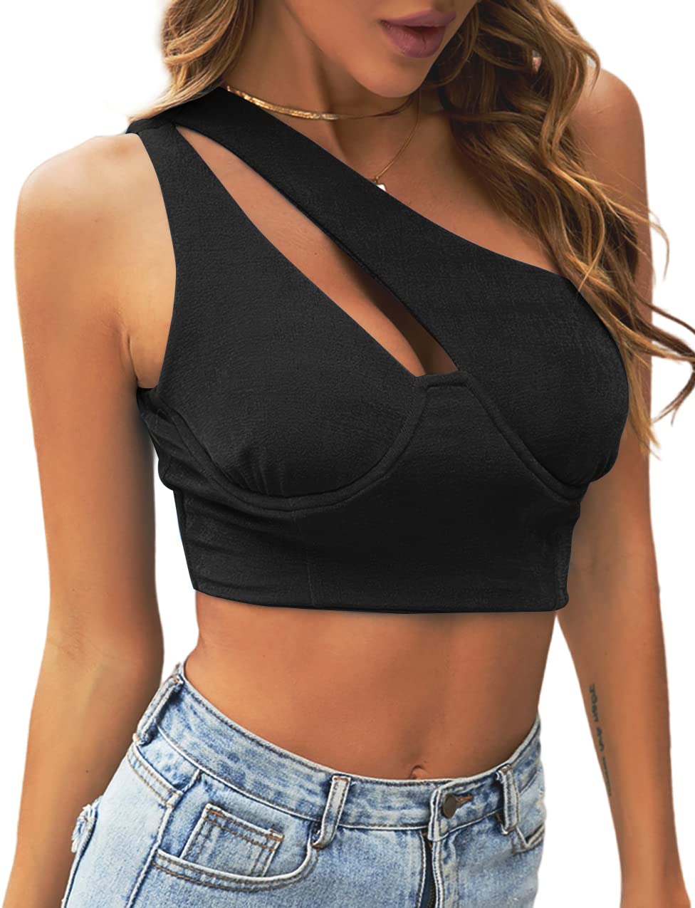 LYANER Women's Sexy One Shoulder Cut Out Sleeveless Slim Cami Crop Top - Fashion Summer T-Shirt for Night Out, Party, Club, Beach Vacation & Casual Wear