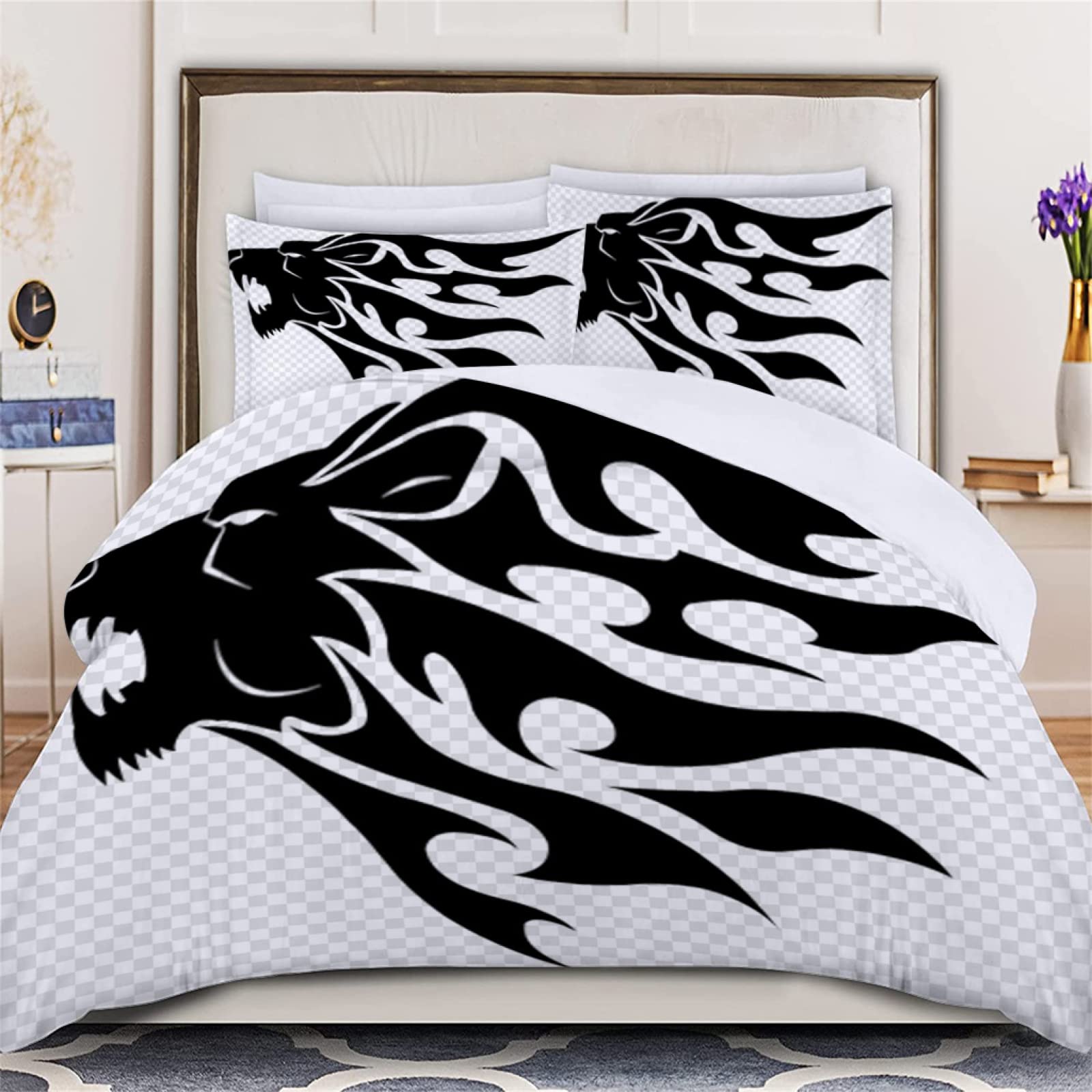 3D Printing Twin Duvet Cover Set - Black Dragon Design Soft Microfiber Comforter with Zipper Closure & 2 Pillowcases (20