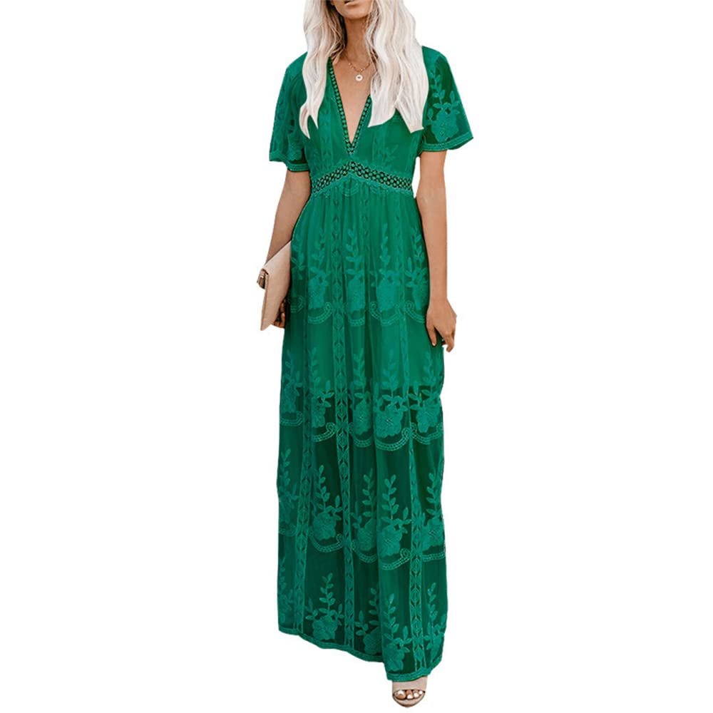 TangDao Women's Elegant Floral Lace Wedding Gown - V-Neck Short Sleeve Maxi Dress for Bridal, Prom, Evening Party & Special Occasions
