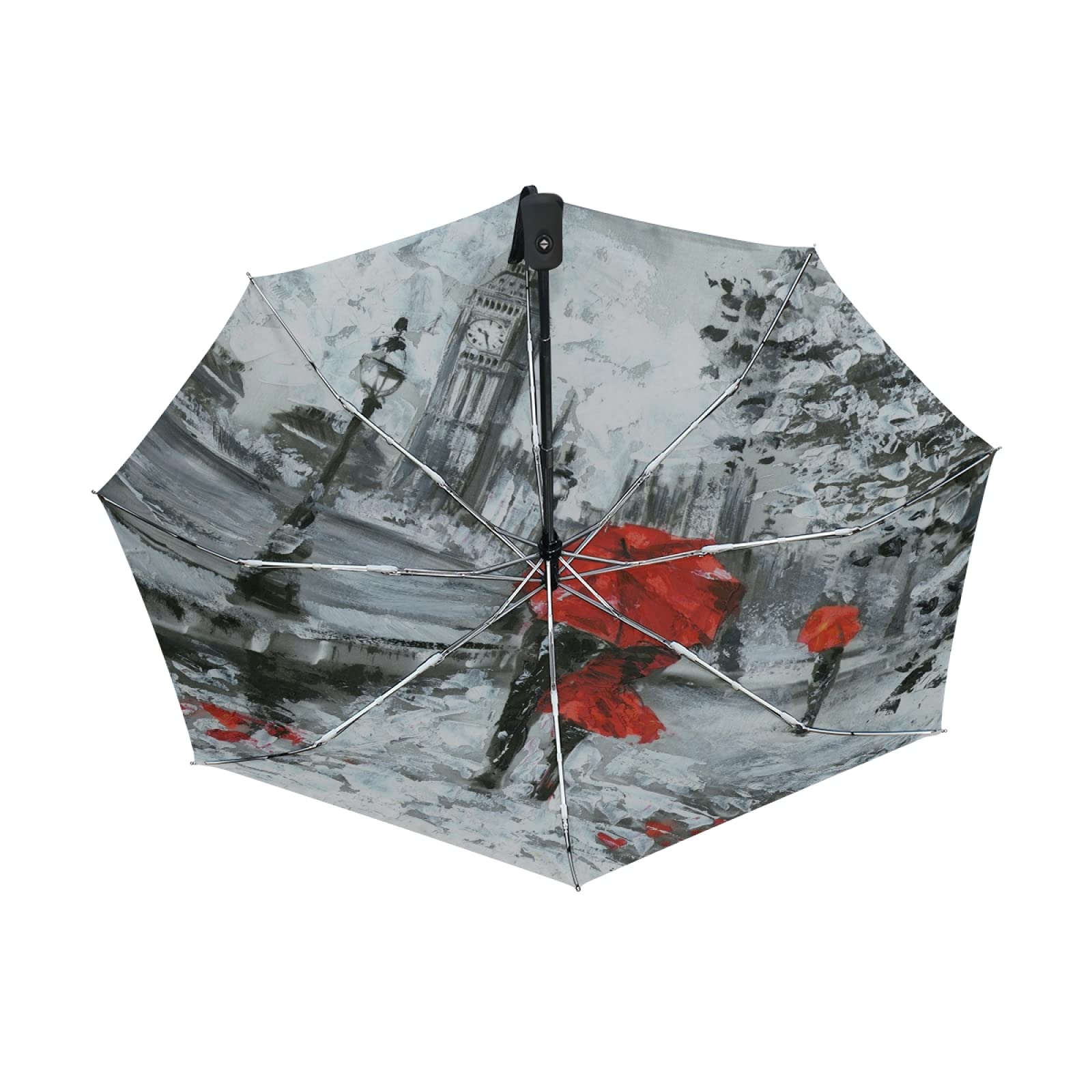 London Street Big Ben Couple with Red Umbrella - Auto Open/Close Folding Umbrella, Strong Windproof Travel Rain Umbrella, Portable Automatic Compact Sun Parasol for Men & Women - Perfect for Travel, Commuting, and Outdoor Activities