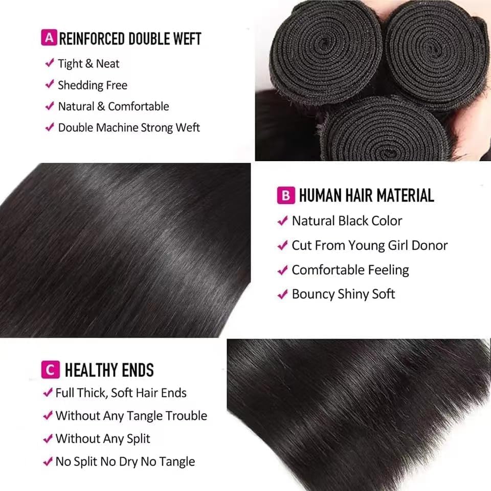 26 Inch Straight Brazilian Virgin Human Hair Bundles - 3 Bundles Deal Unprocessed Weave Extensions for Women | Natural Black Color | Perfect for Daily Styling, Salon Use & Special Occasions