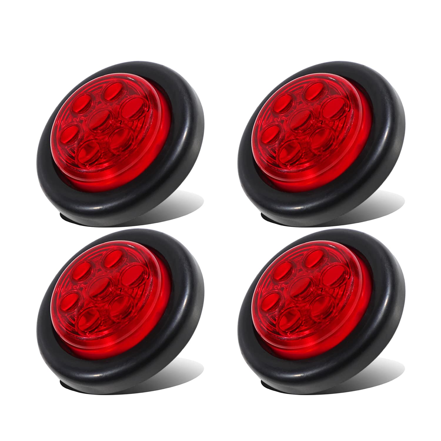 4 Pack 2 Inch Red Round LED Clearance Marker Lights - 24V DC Flush Mount with Black Grommets for Pickup Trucks & Trailers - Perfect for Side Marker, Safety Lighting, and Vehicle Visibility Enhancement