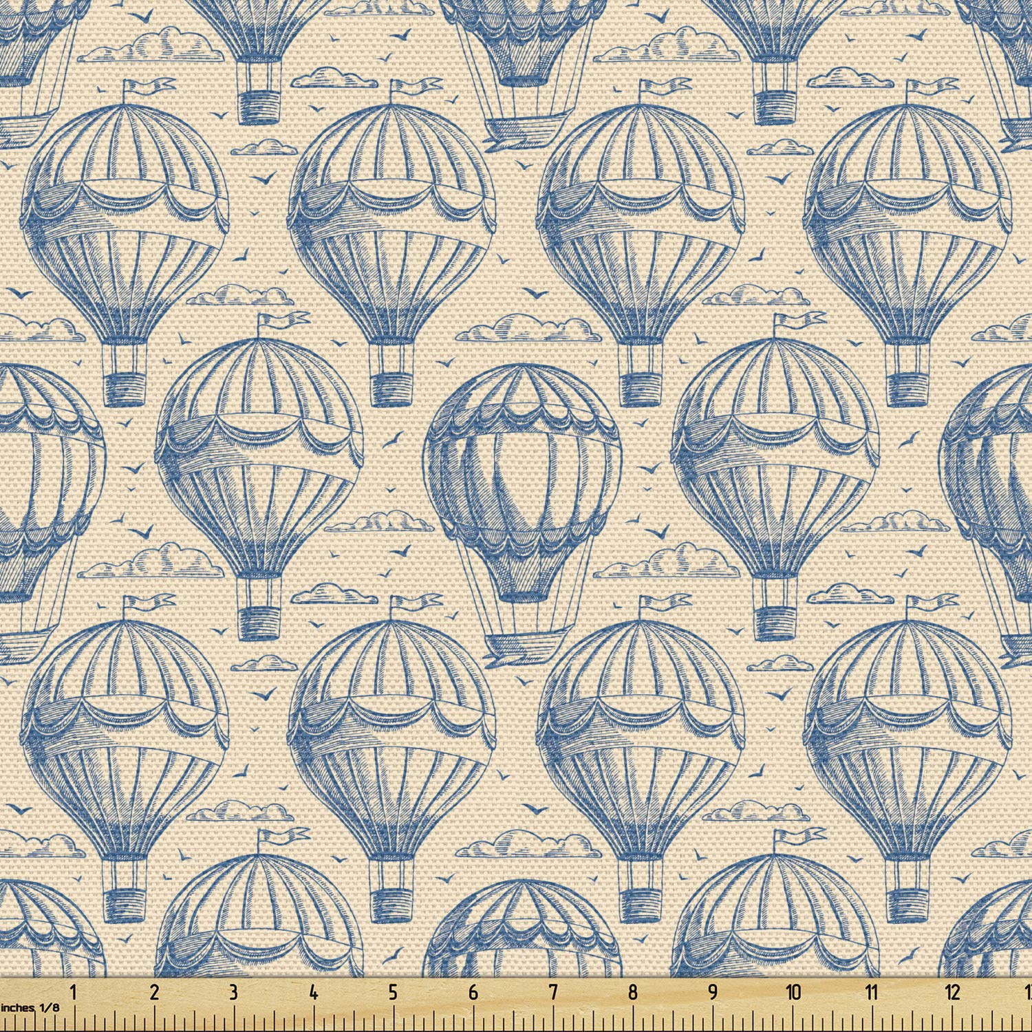 Ambesonne Blue and Beige Fabric by The Yard - Sketch Art Style with Hot Air Balloons, Clouds & Flying Birds - Decorative Upholstery & Home Decor Fabric - 10 Yards Navy & Beige - Perfect for DIY Projects, Curtains, Pillows & Furniture Covers