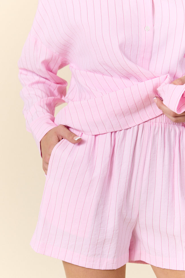 Take It Slow Pink Pinstripe Lounge Set - Soft Womens Pajama Set with Comfortable Shorts & Top | Perfect for Relaxing at Home, Lounging or Sleepwear