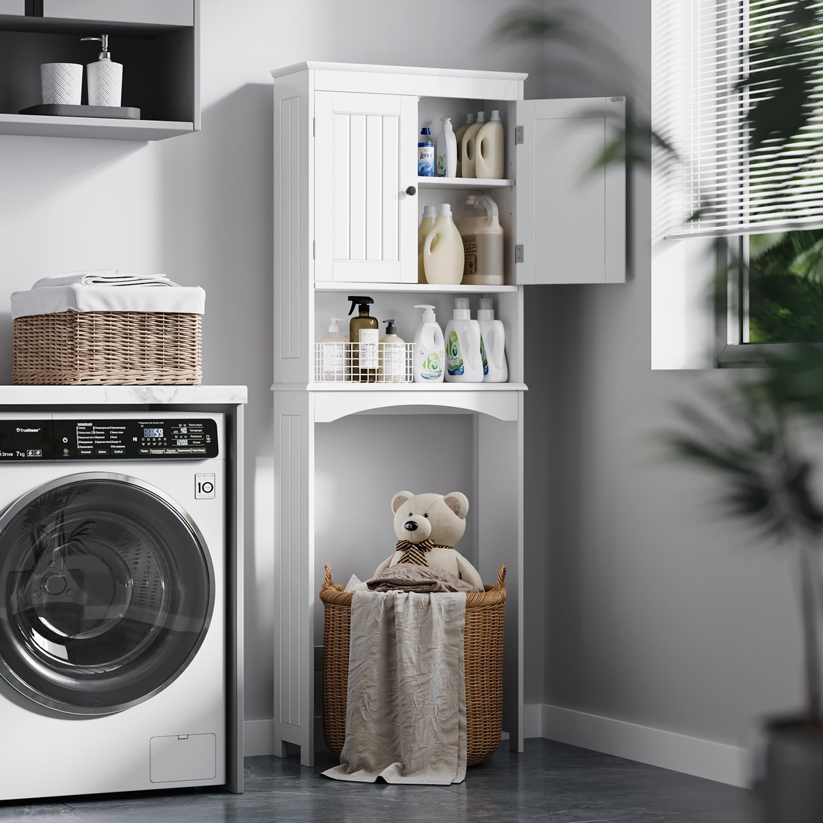 Bealife Over The Toilet Storage Cabinet with Adjustable Open Shelf & Double Doors - White | Bathroom Organizer for Towels, Toiletries & Cleaning Supplies | Space-Saving Freestanding Design for Small Bathrooms