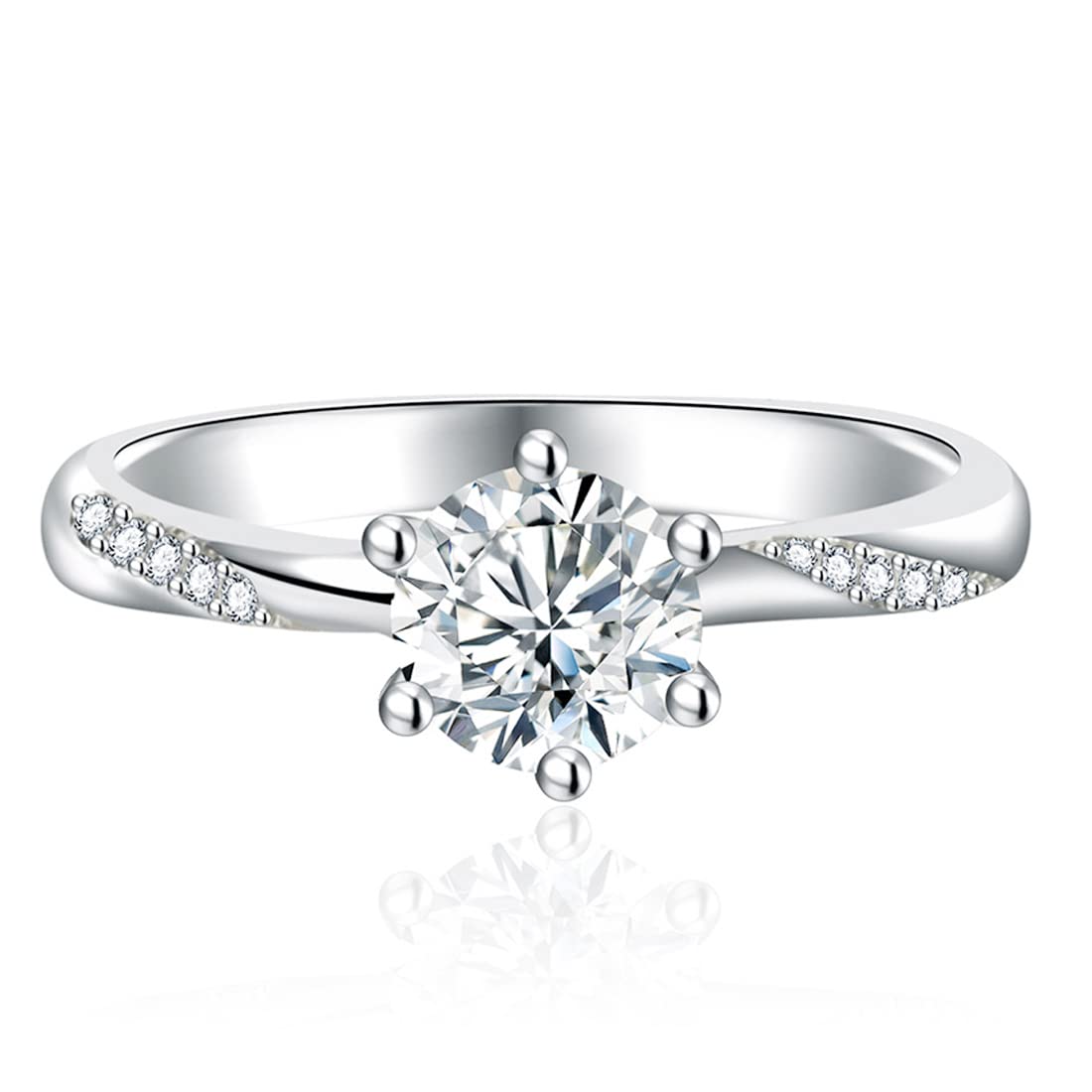 1.1 Carat (ctw) Solitaire Moissanite Engagement Ring for Women - White Gold Plated Sterling Silver Wedding Band - Size 6,7,8,9 - Perfect for Proposals, Anniversaries & Bridal Jewelry