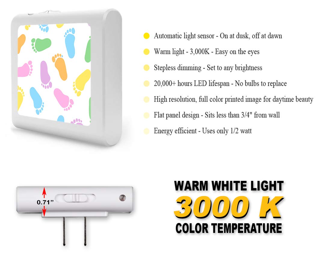 Dimmable LED Night Light with Auto On/Off Sensor - Adjustable Brightness Warm White Nightlight for Bathroom, Hallway, Nursery & Bedroom - Colorful Footprint Design - Perfect for Kids' Rooms, Stair Safety & Nighttime Bathroom Visits