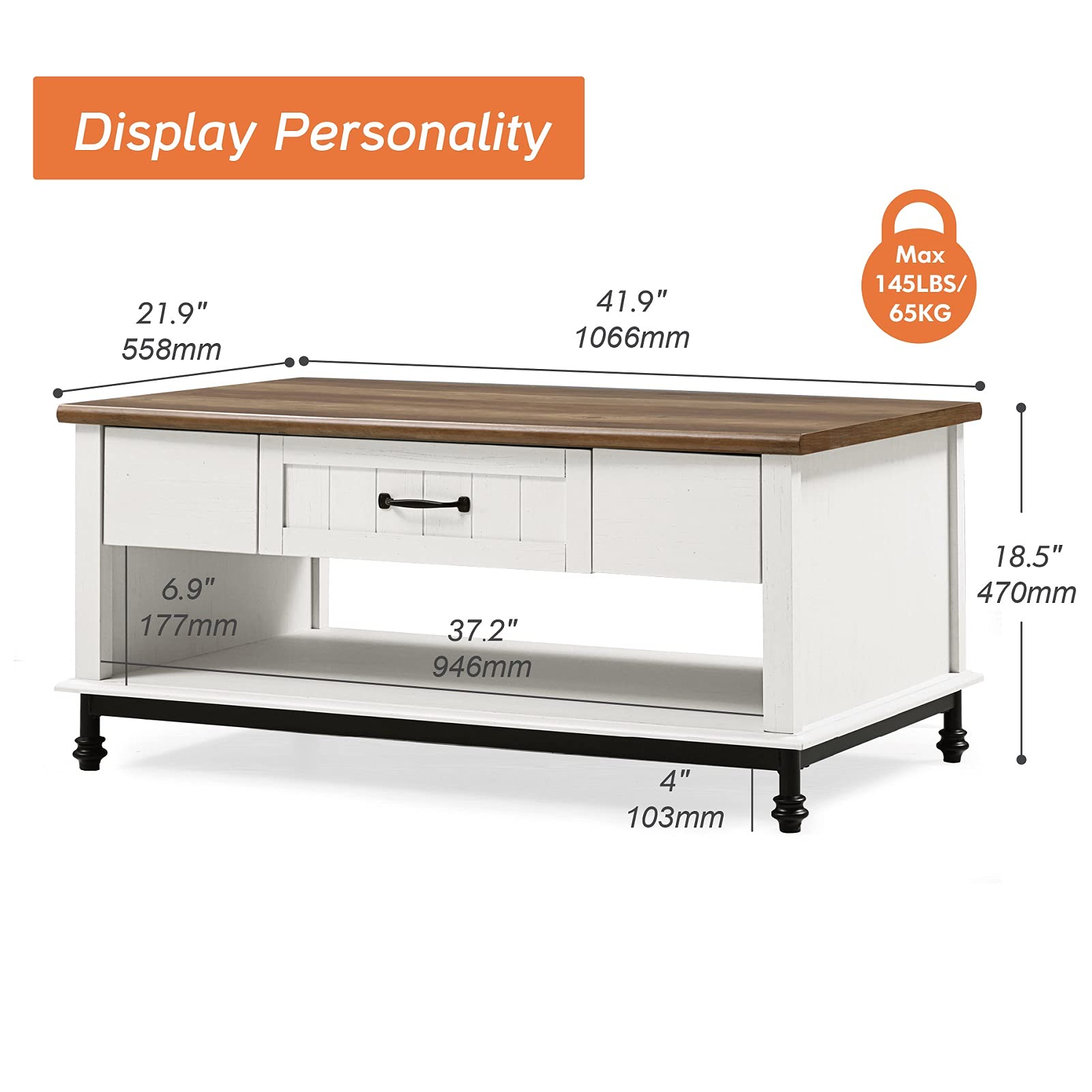 WAMPAT 42 Inch White Modern Coffee Table with Drawer & Open Shelf - Rectangle Living Room Center Table with Metal Legs | Perfect for Small Spaces, Apartments & Home Decor