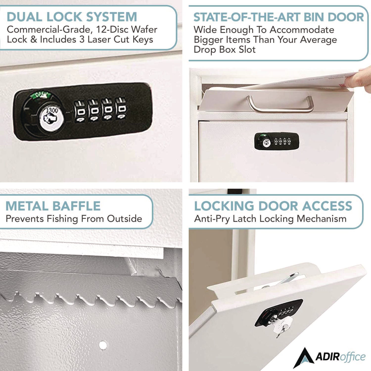 AdirOffice Medium Secure Drop Box - Wall Mounted Locking Mailbox with Key & Combination Lock - 10.51