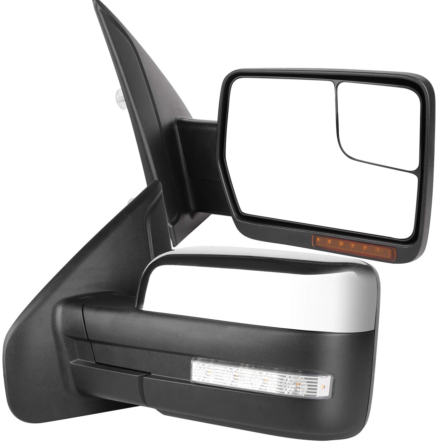 Heated Power Towing Mirrors for Ford F-150 (2004-2014) - Left & Right Side with Chrome Cap, Turn Signal & Puddle Light | Enhanced Visibility for Towing, Camping & Off-Road Adventures