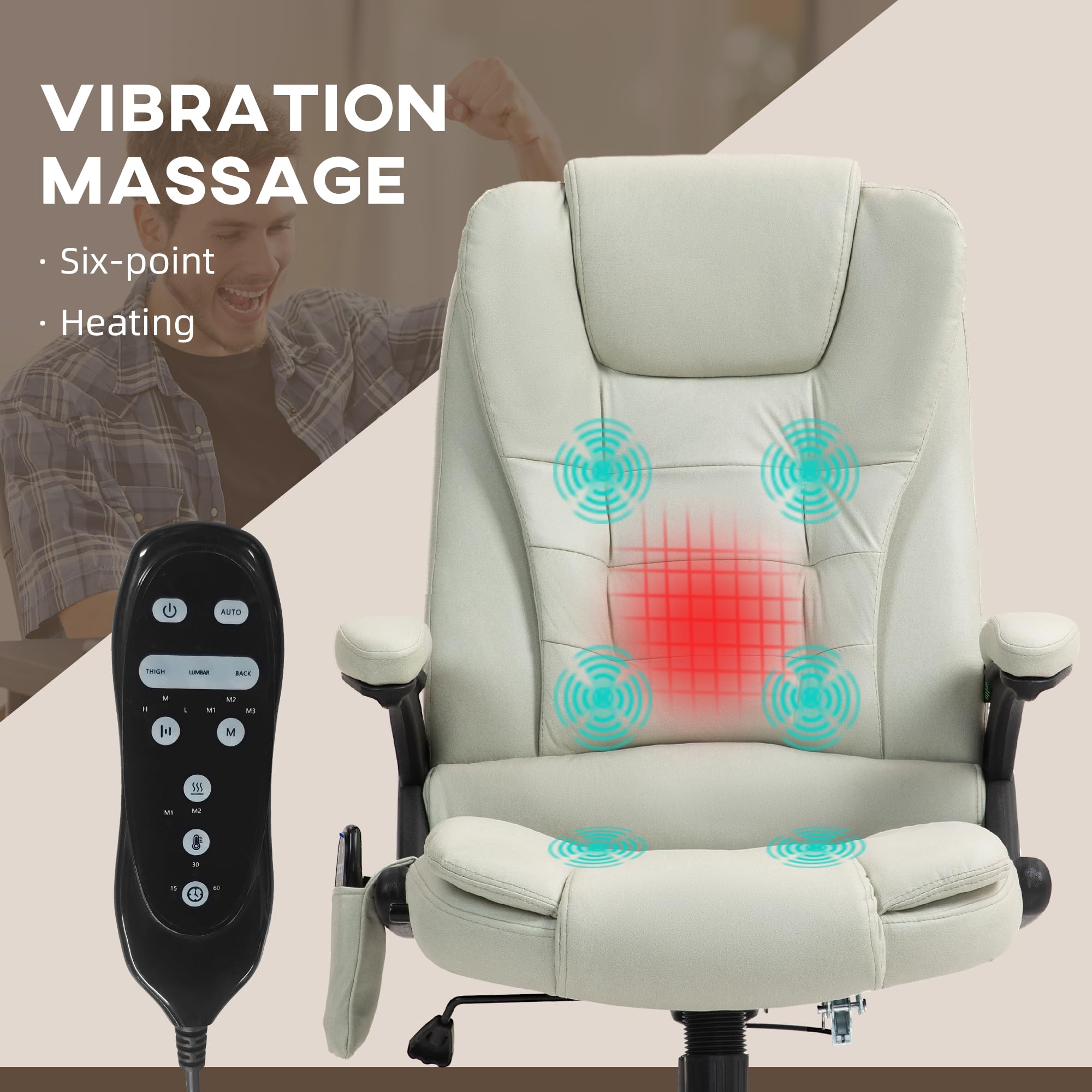 HOMCOM 6-Point Vibrating Massage Office Chair with Heating - High Back Executive Chair, Reclining Backrest & Padded Armrests - Remote Control - Beige Microfiber - Perfect for Home Office, Gaming & Relaxation