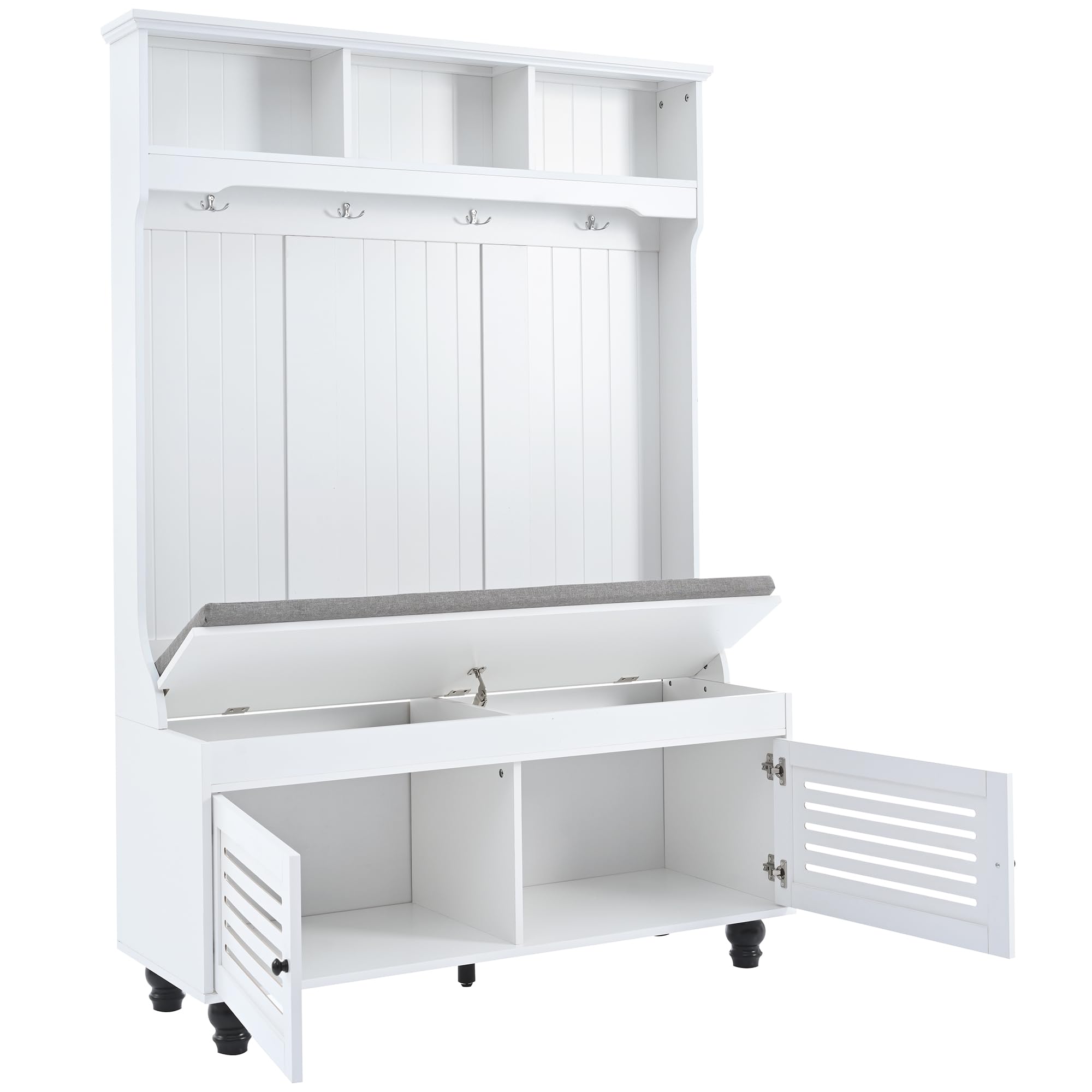 P PURLOVE Hall Tree with Bench & Shoe Storage - Entryway Organizer with 4 Hooks, Open Shelf & Shutter Doors - Coat Rack & Mudroom Furniture for Hallway, Foyer & Home Entry (Perfect for Small Spaces & Apartment Living)