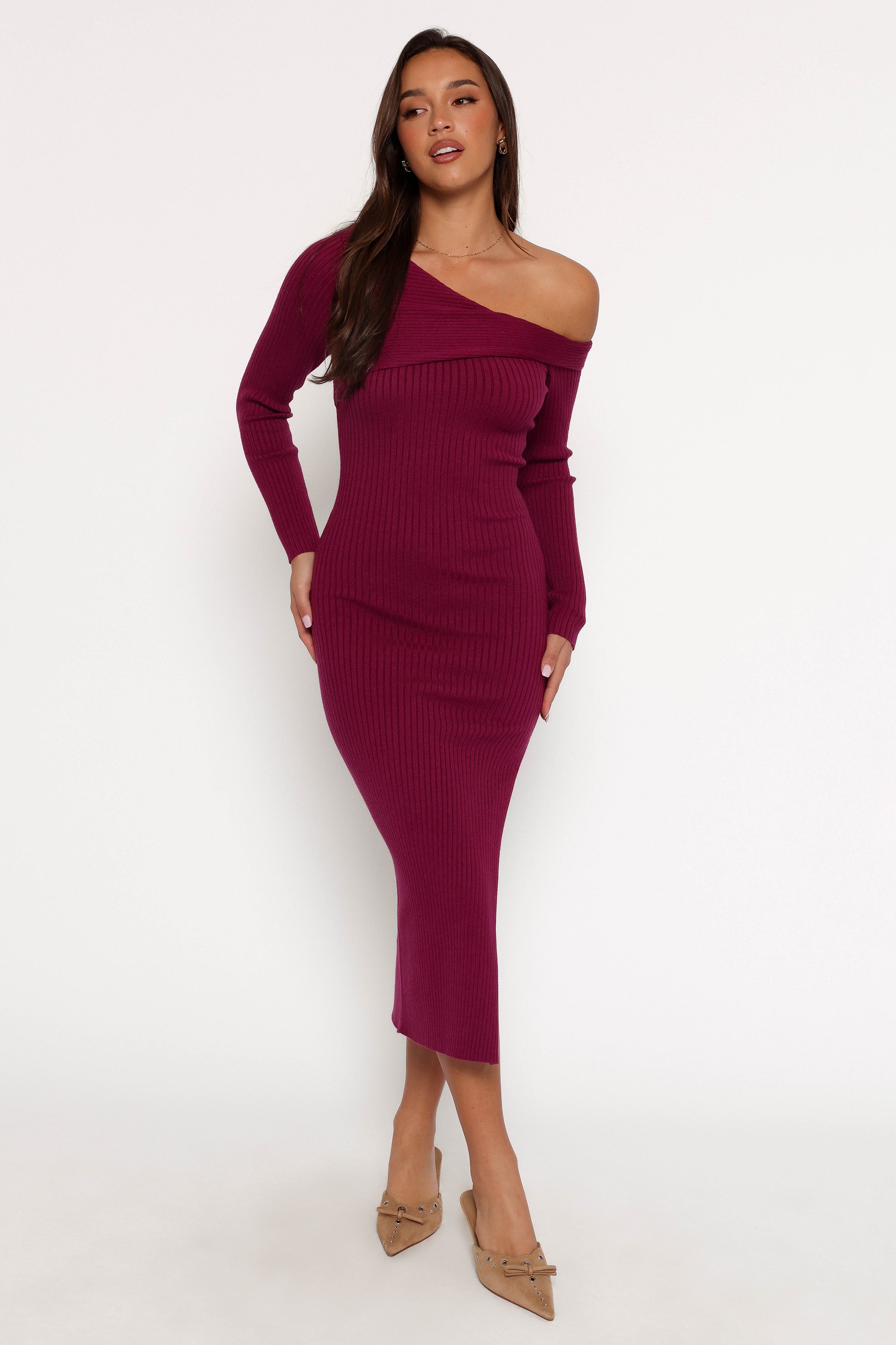 Elegant Fuchsia Long Sleeve Midi Dress for Women - Perfect for Fall/Winter Fashion, Office Wear & Holiday Parties