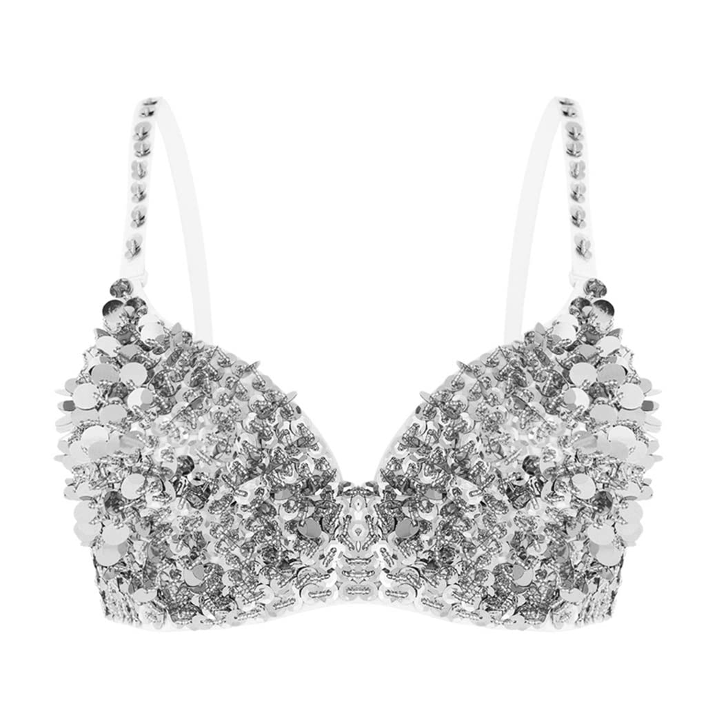 RMGTZ Women's Sparkle Sequins Beaded Padded Bra Top - Silver Size L - Belly Dance Costume, Club Wear, Party Outfit for Performances & Special Occasions