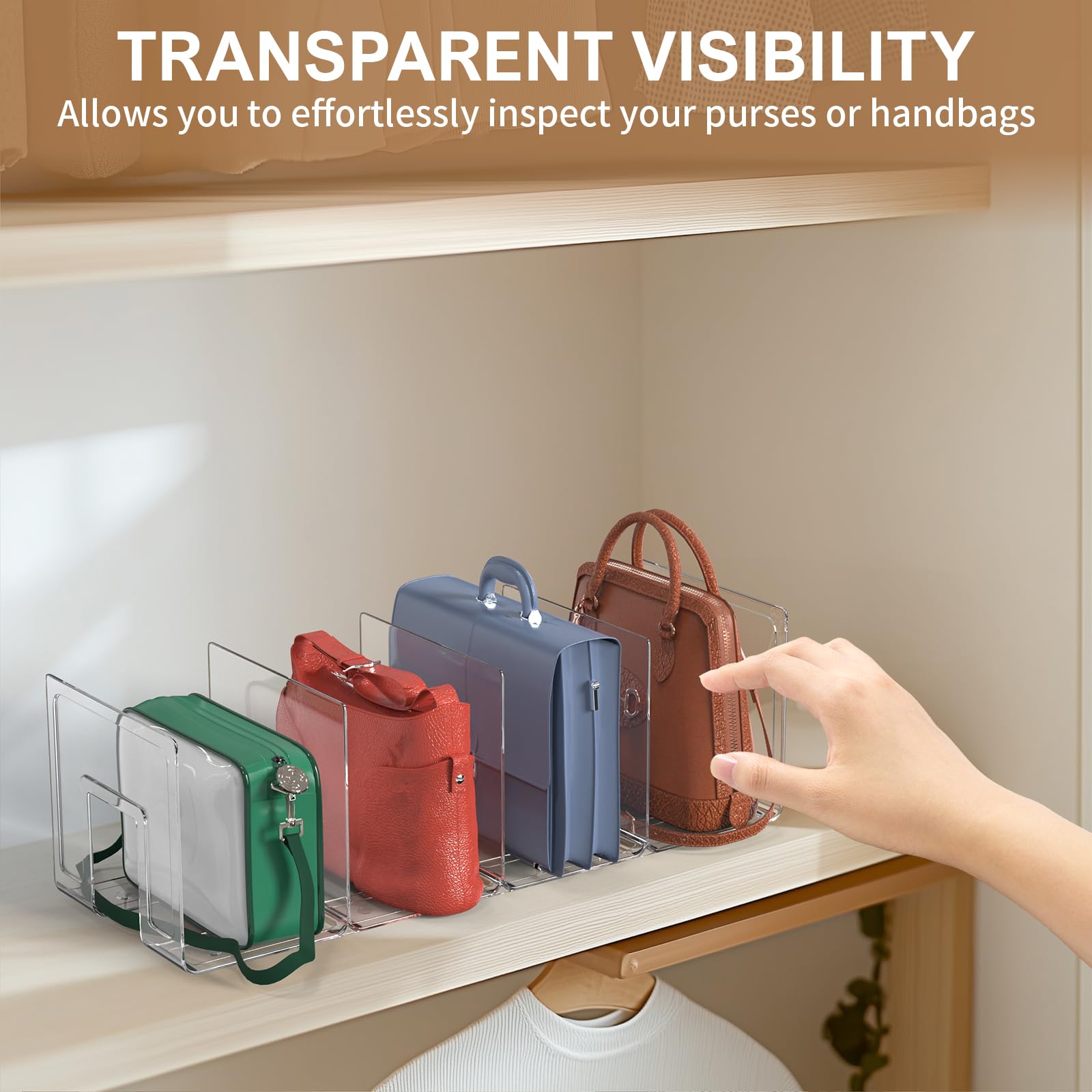 2PCS Clear Adjustable Purse Organizers - Plastic Handbag Storage Shelf & Clutch Dividers for Closet, Cabinet & Bedroom Organization | Keep Purses Upright & Save Space | Perfect for Handbag Display, Travel Storage & Wardrobe Organization