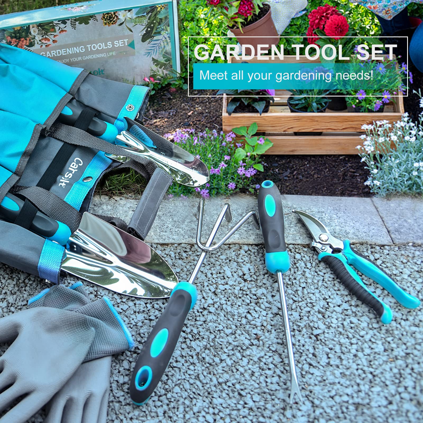 **Carsolt 10-Piece Heavy Duty Stainless Steel Garden Tools Set with Ergonomic Rubber Handle – Durable Planting & Weeding Hand Tools Kit in Gift Box – Perfect for Home Gardening, Landscaping & Outdoor Gifts**