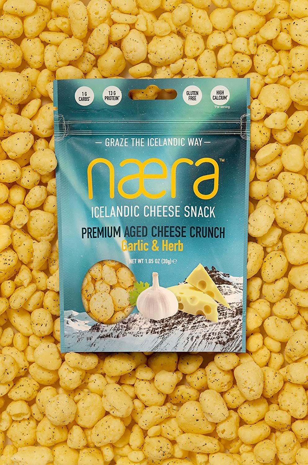 Næra Icelandic - 2-Pack Garlic & Herb Aged Cheese Crunch Protein Snacks (1.05 oz each) | High-Protein, Natural Keto Snacks for Adults & Kids | Perfect for On-the-Go, Lunch Boxes & Healthy Snacking