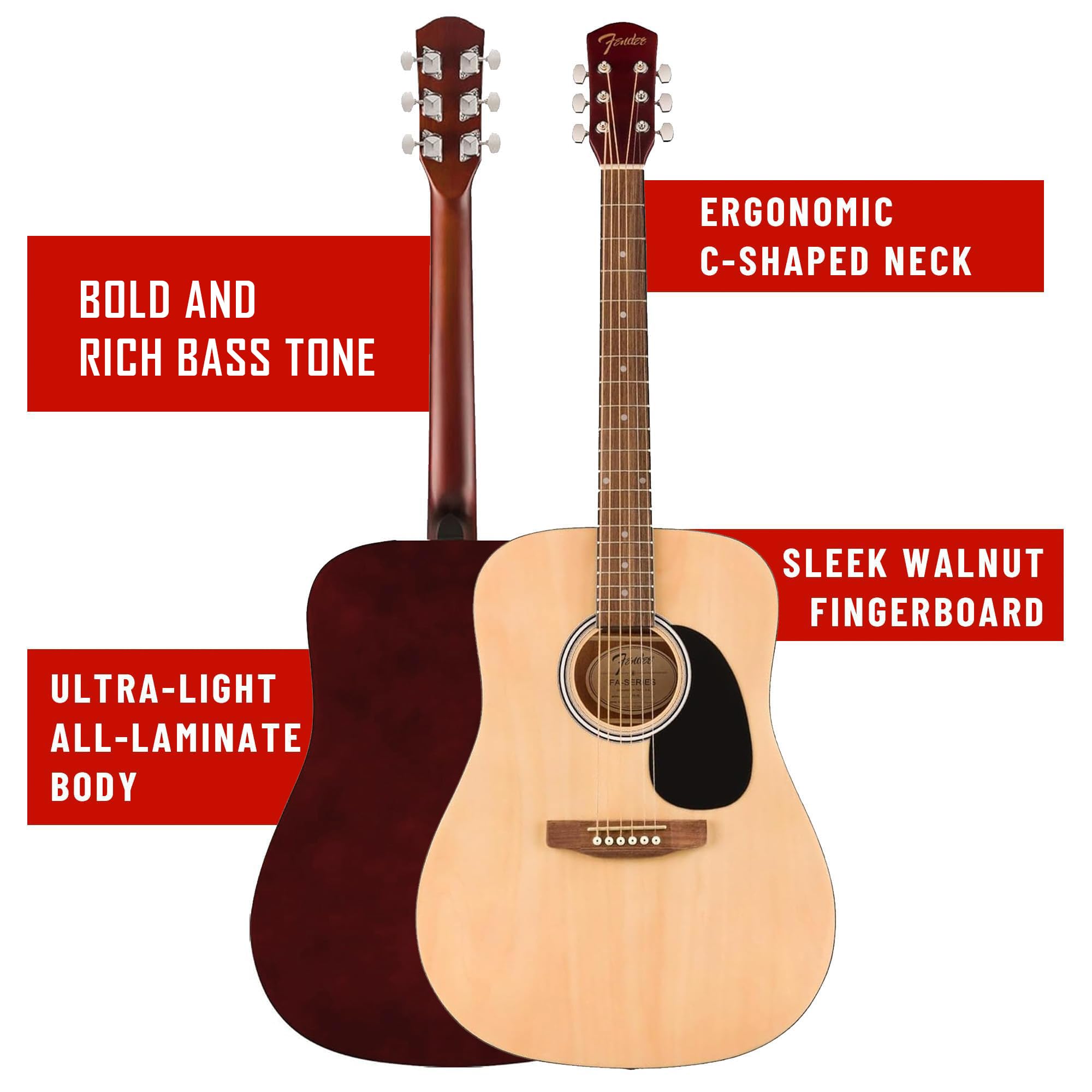 Fender Dreadnought Acoustic Guitar Natural - Full Starter Bundle with Gig Bag, Strap, Strings, Picks & Instructional Video | Perfect for Beginners, Campfire Jams & Home Recording Studios