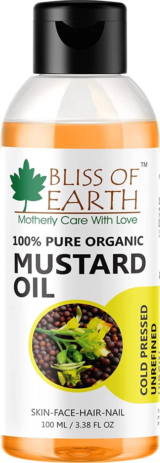 100% Pure Organic Cold Pressed Mustard Oil for Hair & Skin - Hexane Free, Baby-Friendly, Antibacterial - Bliss of Earth 100ml | Promotes Hair Growth, Scalp Care & Massage