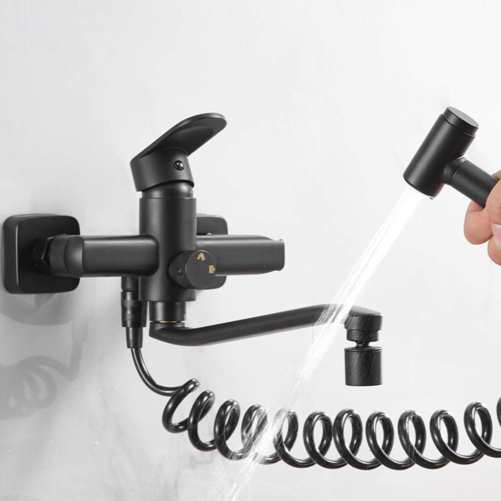 Black Wall Mount Kitchen Sink Faucet - Double Hole Hot and Cold Water Mixer Tap with 180° Rotatable Spray Gun & 30cm Brass Outlet Pipe - Perfect for Modern Kitchens, Restaurants, and RV Camping