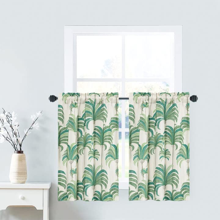 VOGOL 36 Inch Tropical Green Leaf Print Linen Textured Kitchen Curtains - Set of 2 Panels (30x36 Inches) for Living Room, Bathroom, Small Cafe & Nursery - Perfect for Privacy & Decoration